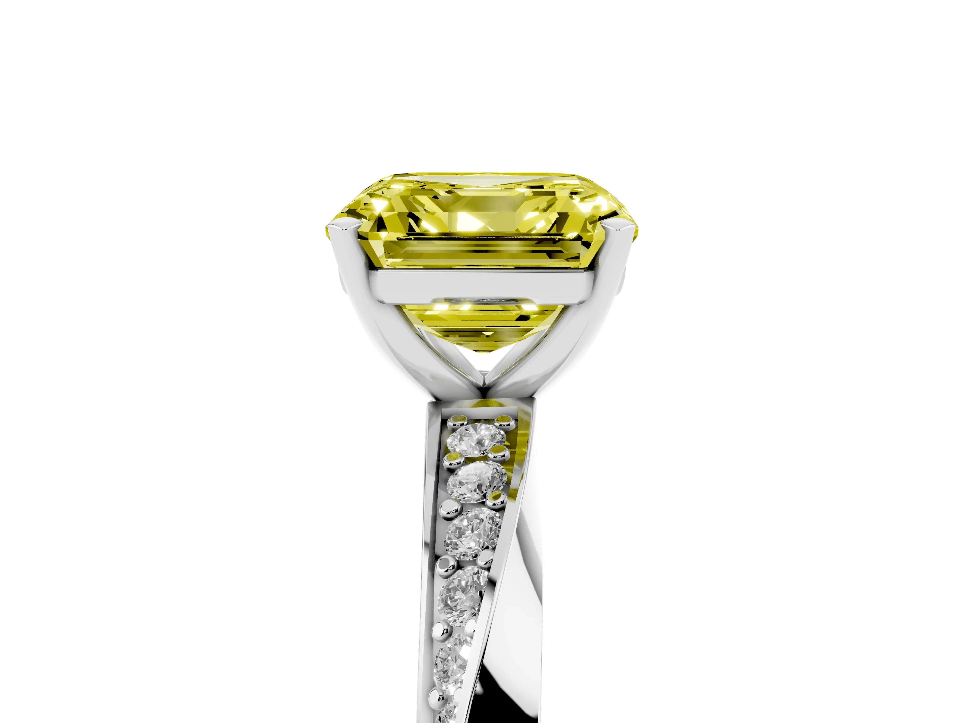 Fancy Yellow Asscher Cut Diamond Engagement Ring Set in White gold with Side Stone Accents and Prong Setting