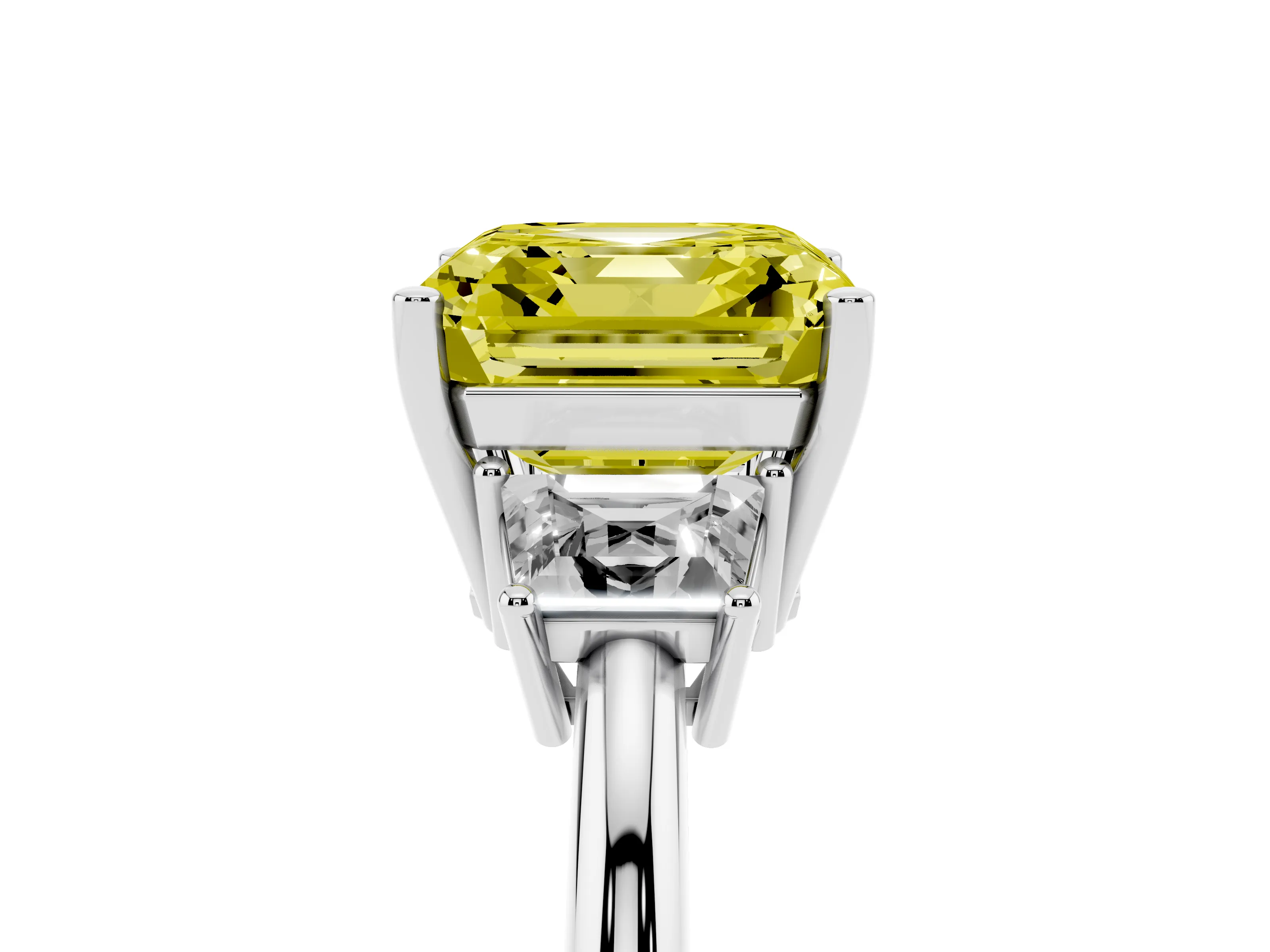Fancy Yellow Asscher Cut Diamond Three-Stone Ring Set in Silver with Trapezoid Side Stones and Prong Setting