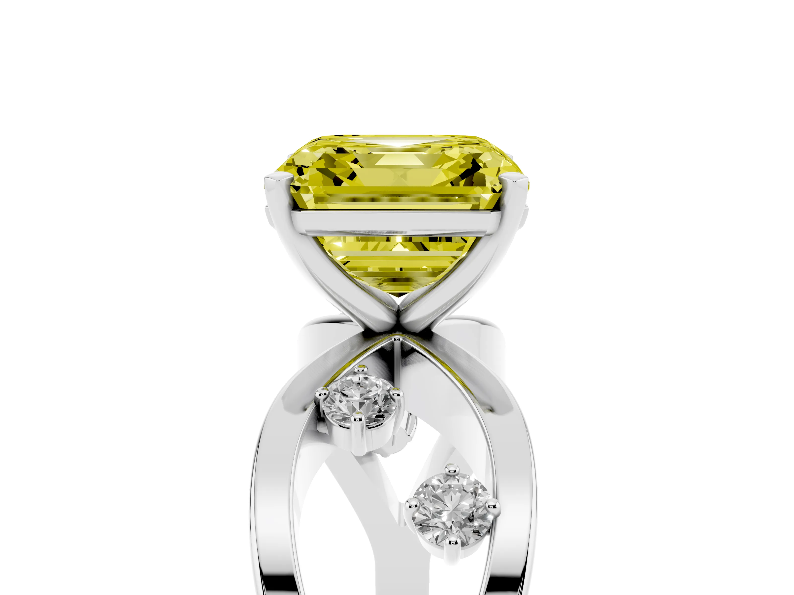 Fancy Yellow Asscher Cut Diamond Solitaire Ring Set in Silver with Side Stones on Criss-Cross Band and Prong Setting
