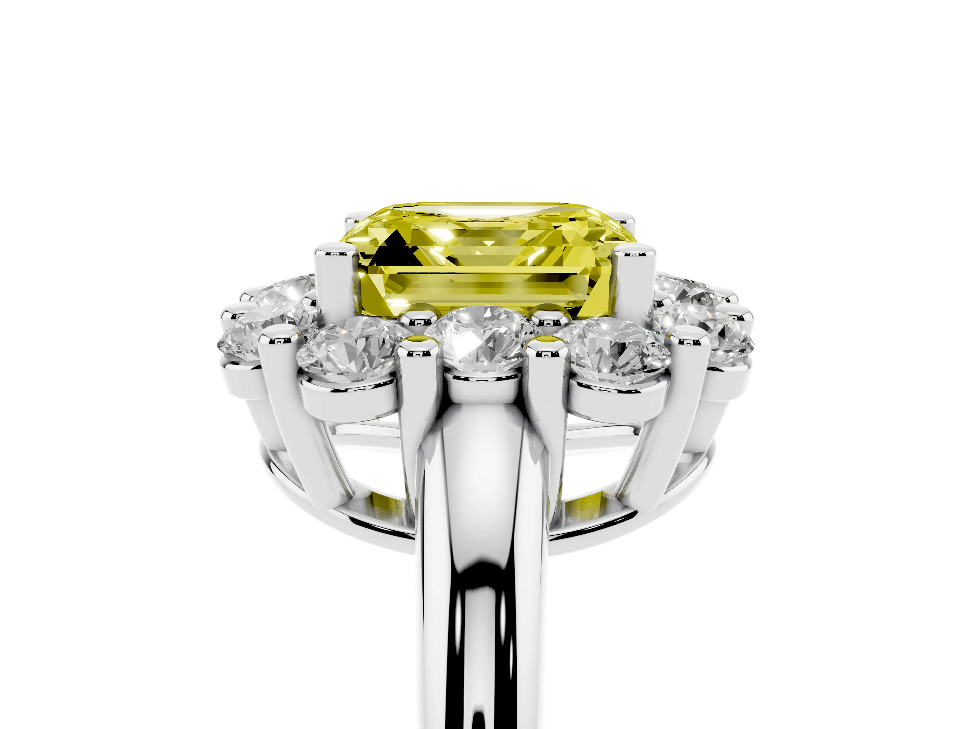Fancy Yellow Asscher Cut Diamond Halo Cluster Engagement Ring Set in White gold with Polished Band and Prong Setting