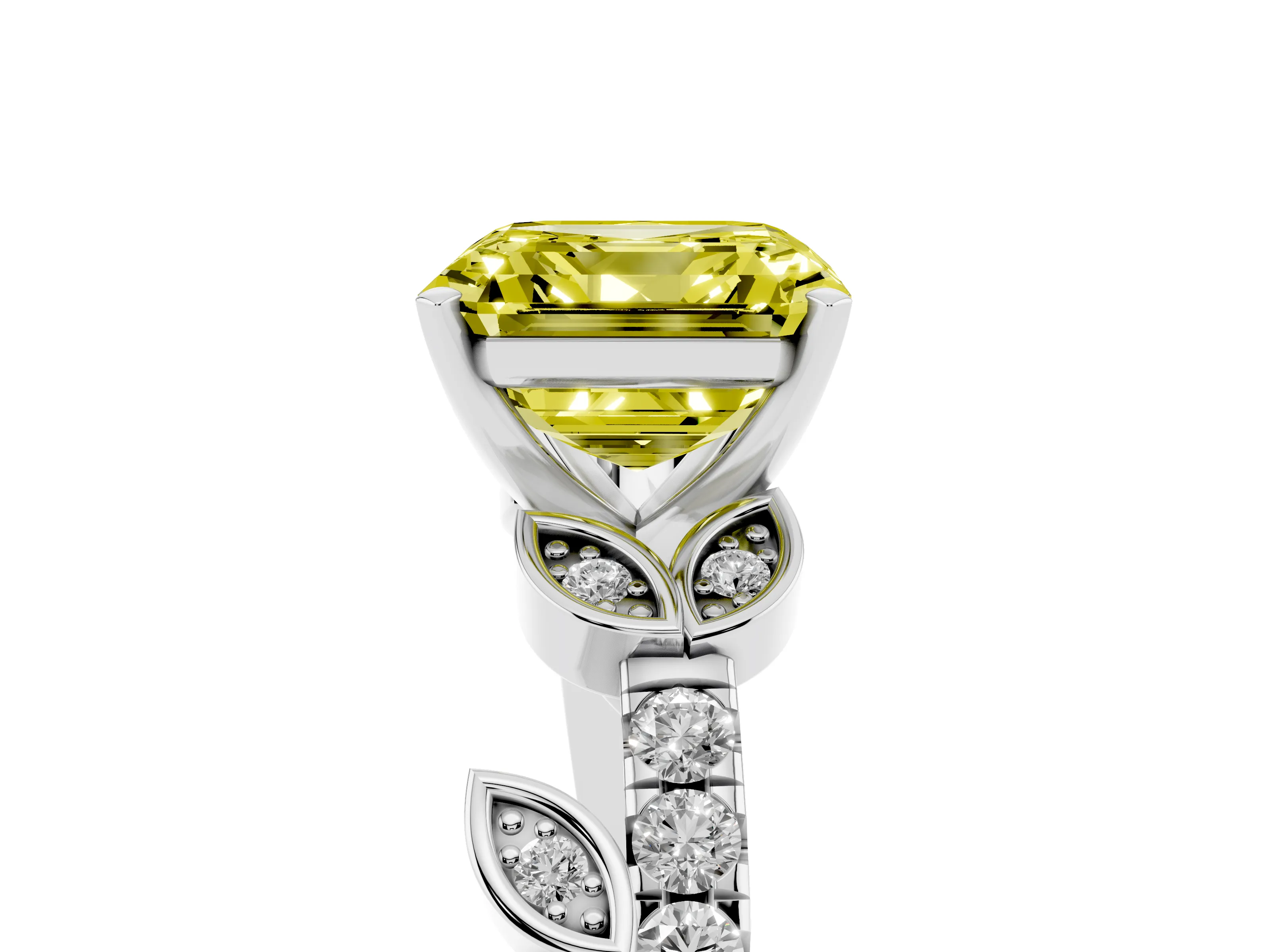 Fancy Yellow Asscher Cut Diamond Solitaire Leaf-Inspired Ring Set in Silver with Pavé Band and Prong Setting
