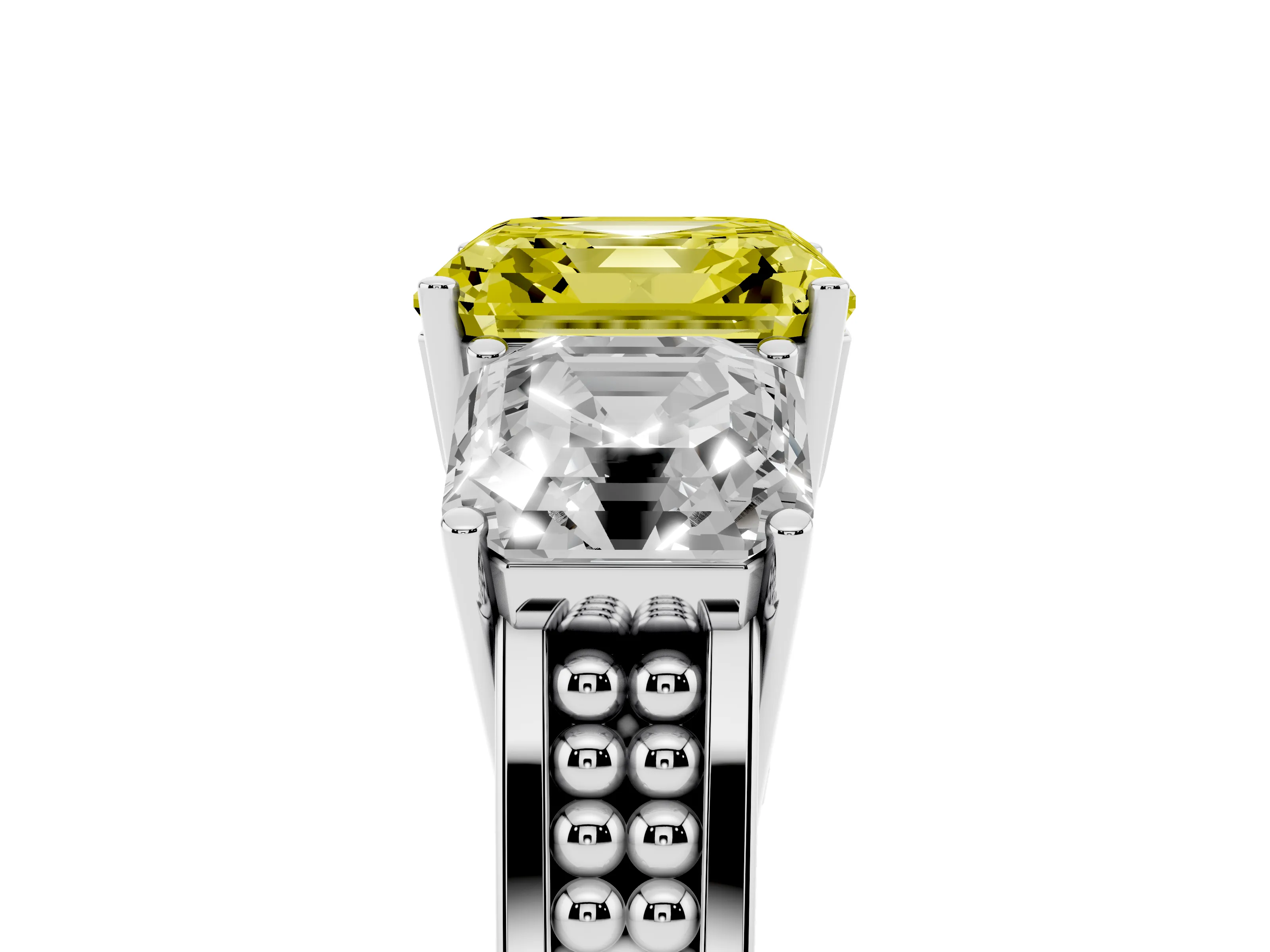 Fancy Yellow Asscher Cut Diamond Three-Stone Ring Set in White gold with Textured Band