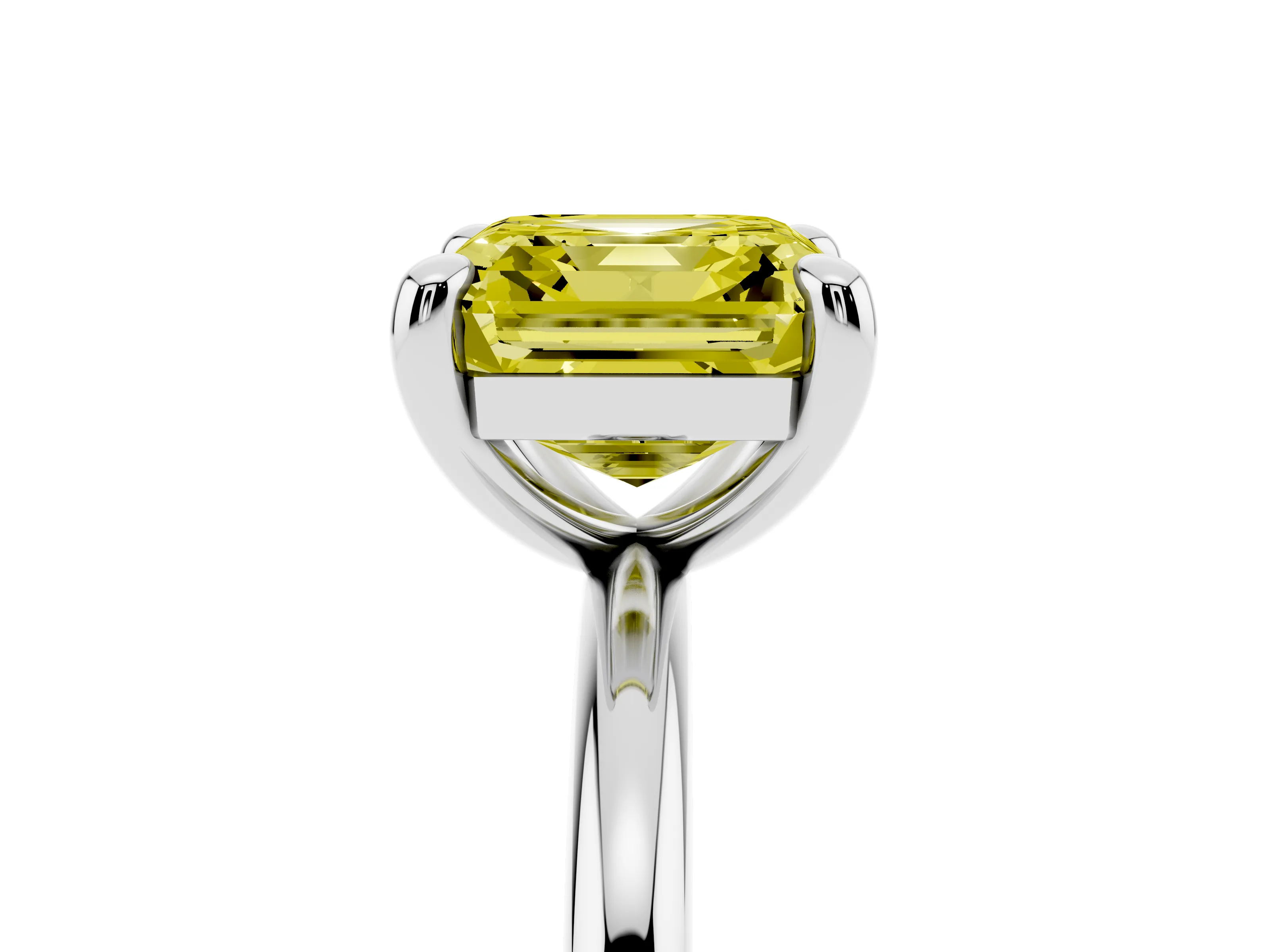 Fancy Yellow Asscher Cut Diamond Solitaire Ring Set in White gold with Prong Setting on a Polished Plain Band