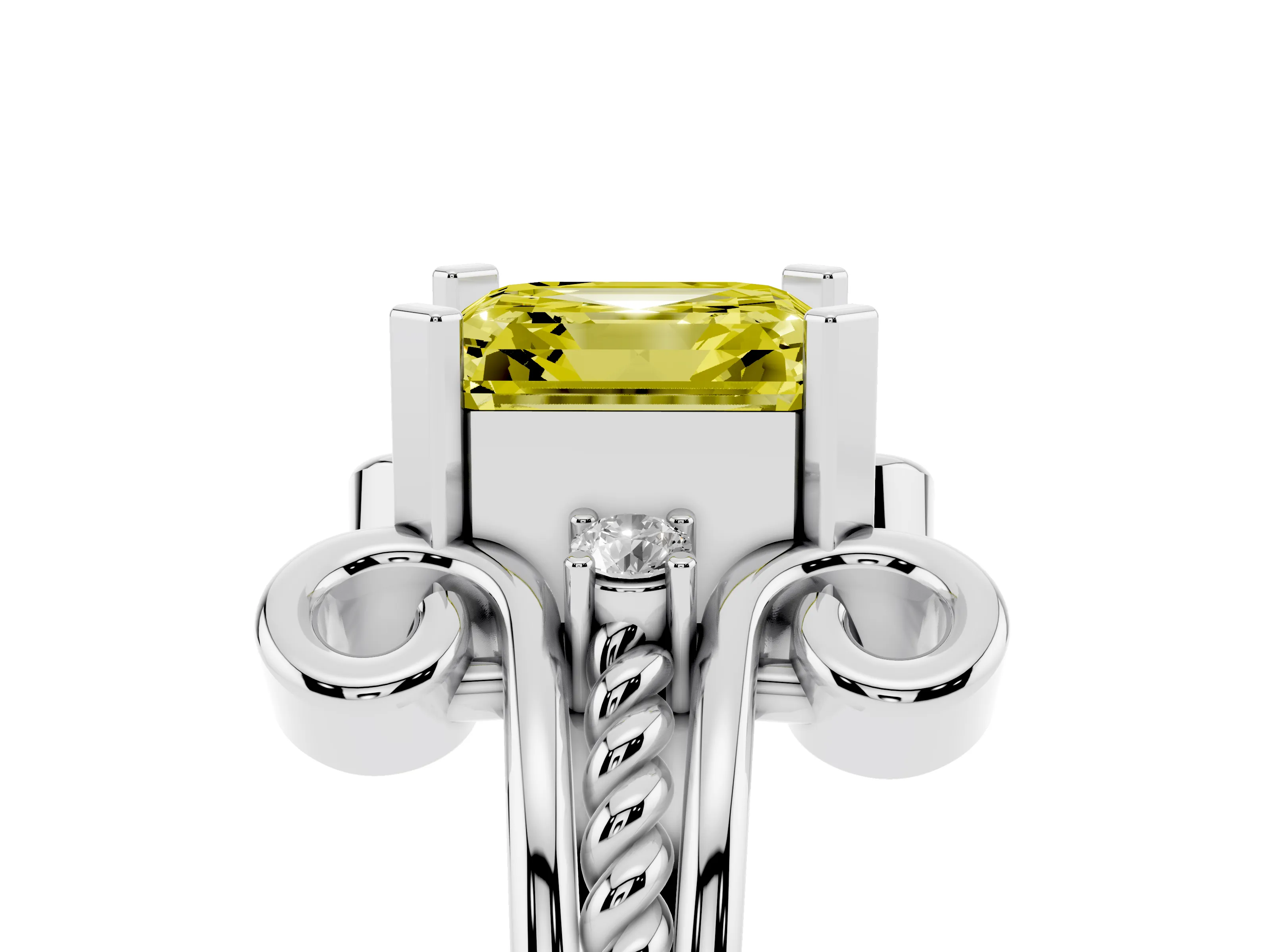 Fancy Yellow Asscher Cut Diamond Twisted Band Solitaire Ring Set in Platinum with Scroll Prongs