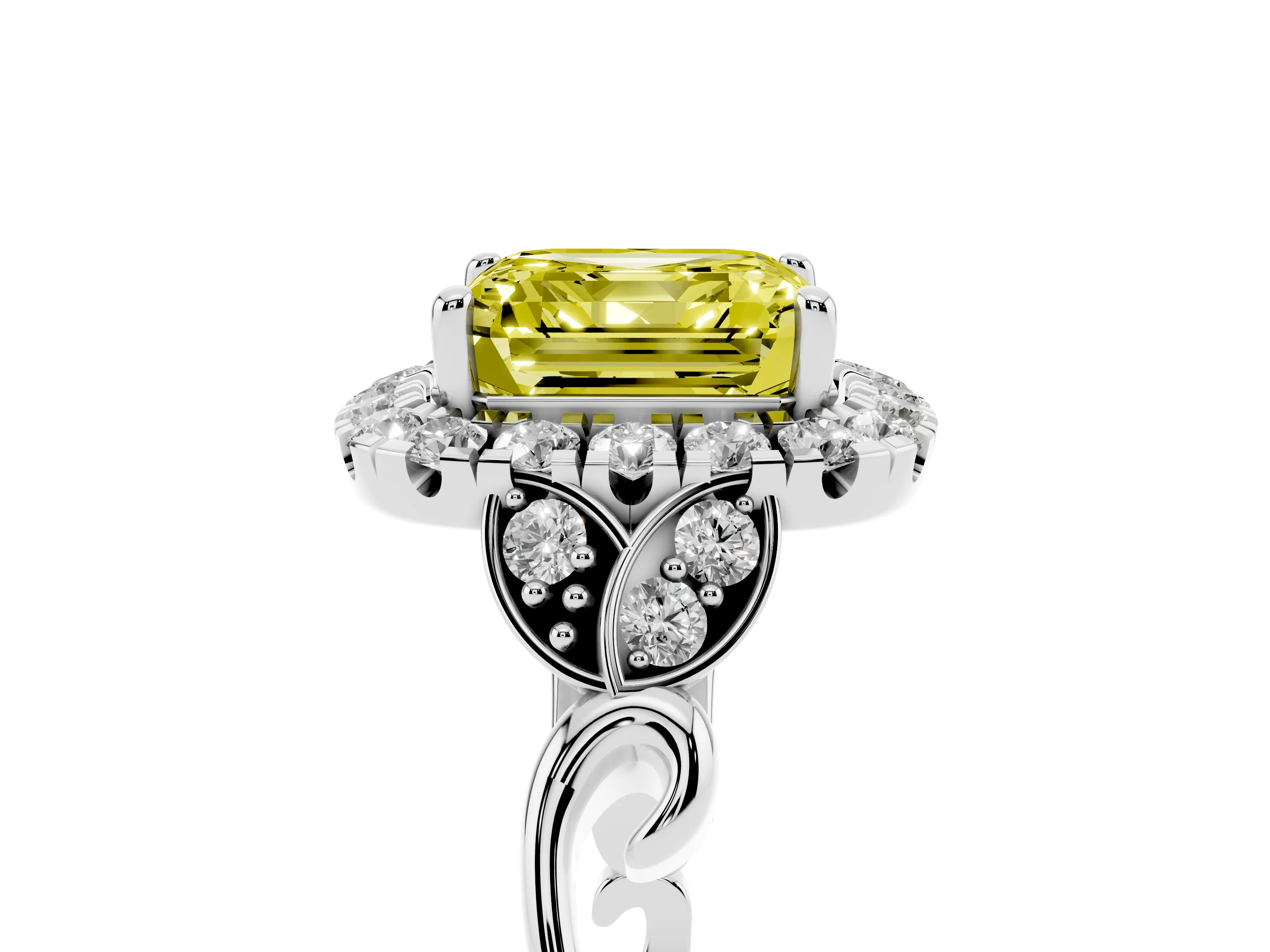 Fancy Yellow Asscher Cut Diamond Halo Engagement Ring Set in Platinum with Vintage-Inspired Band and Prong Setting