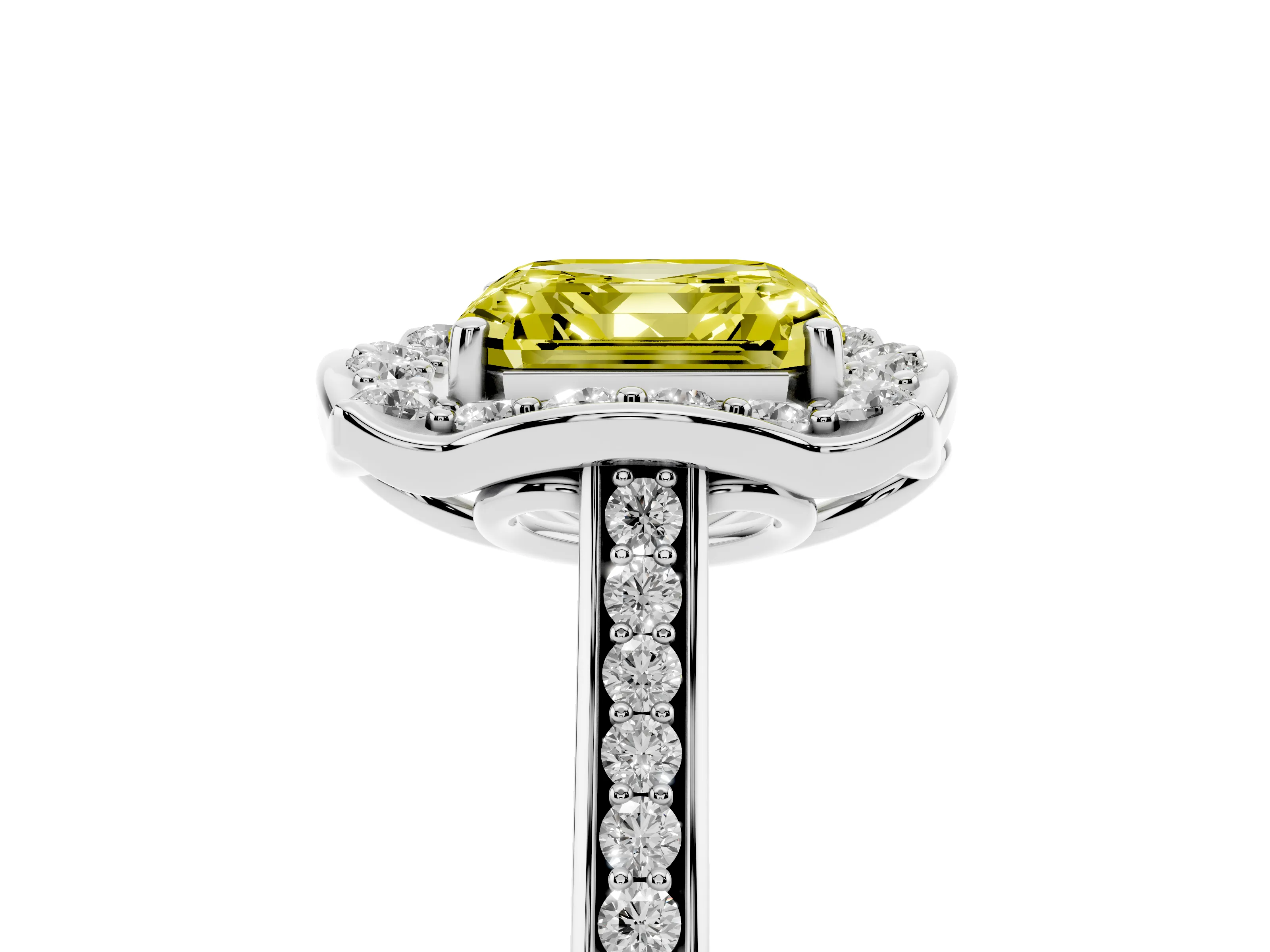 Fancy Yellow Asscher Cut Diamond Halo Ring Set in Platinum with Pavé-Lined Shoulders and Prong Setting