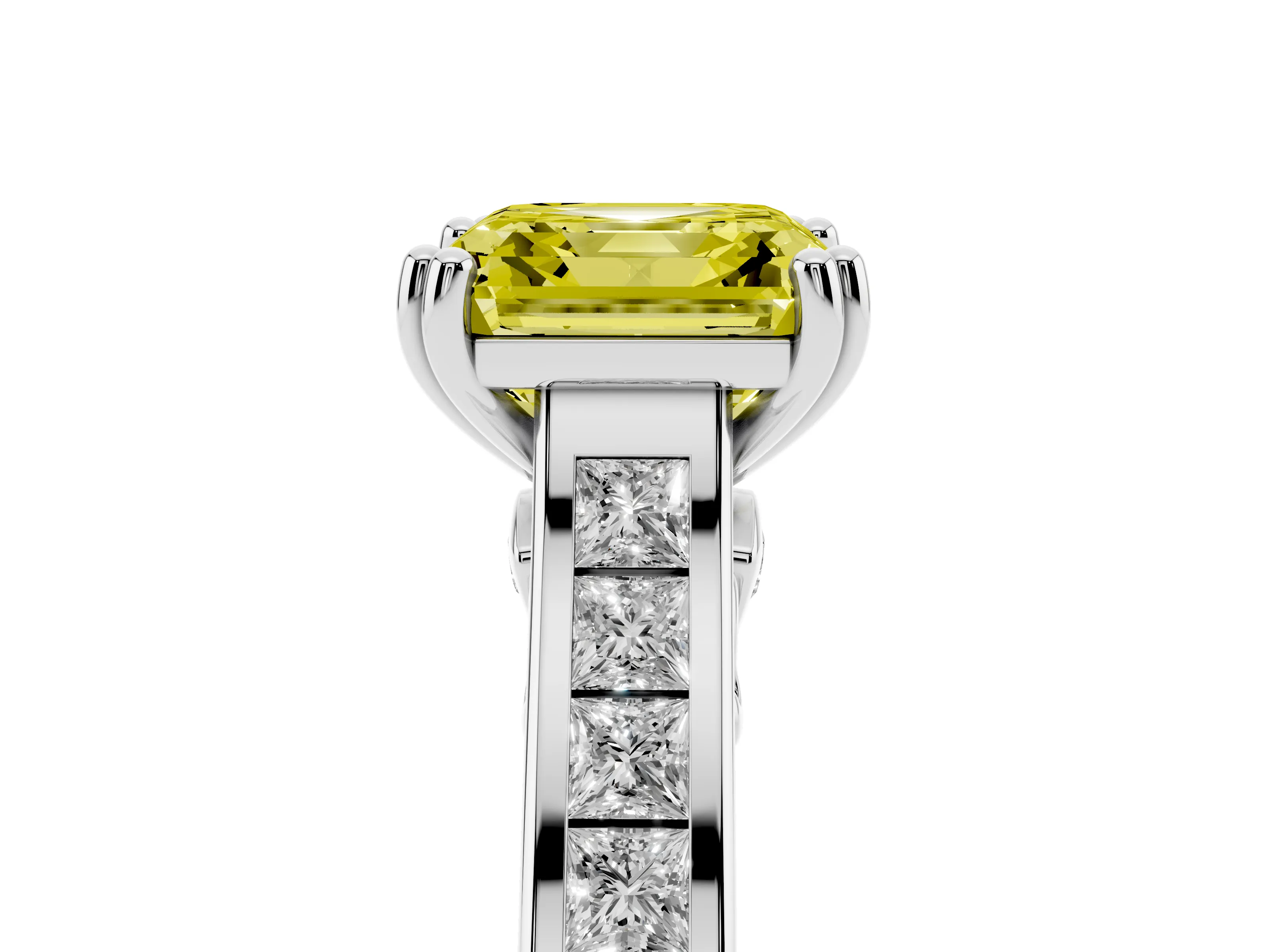 Fancy Yellow Asscher Cut Diamond Channel Set Solitaire Engagement Ring Set in Platinum with Prong Setting