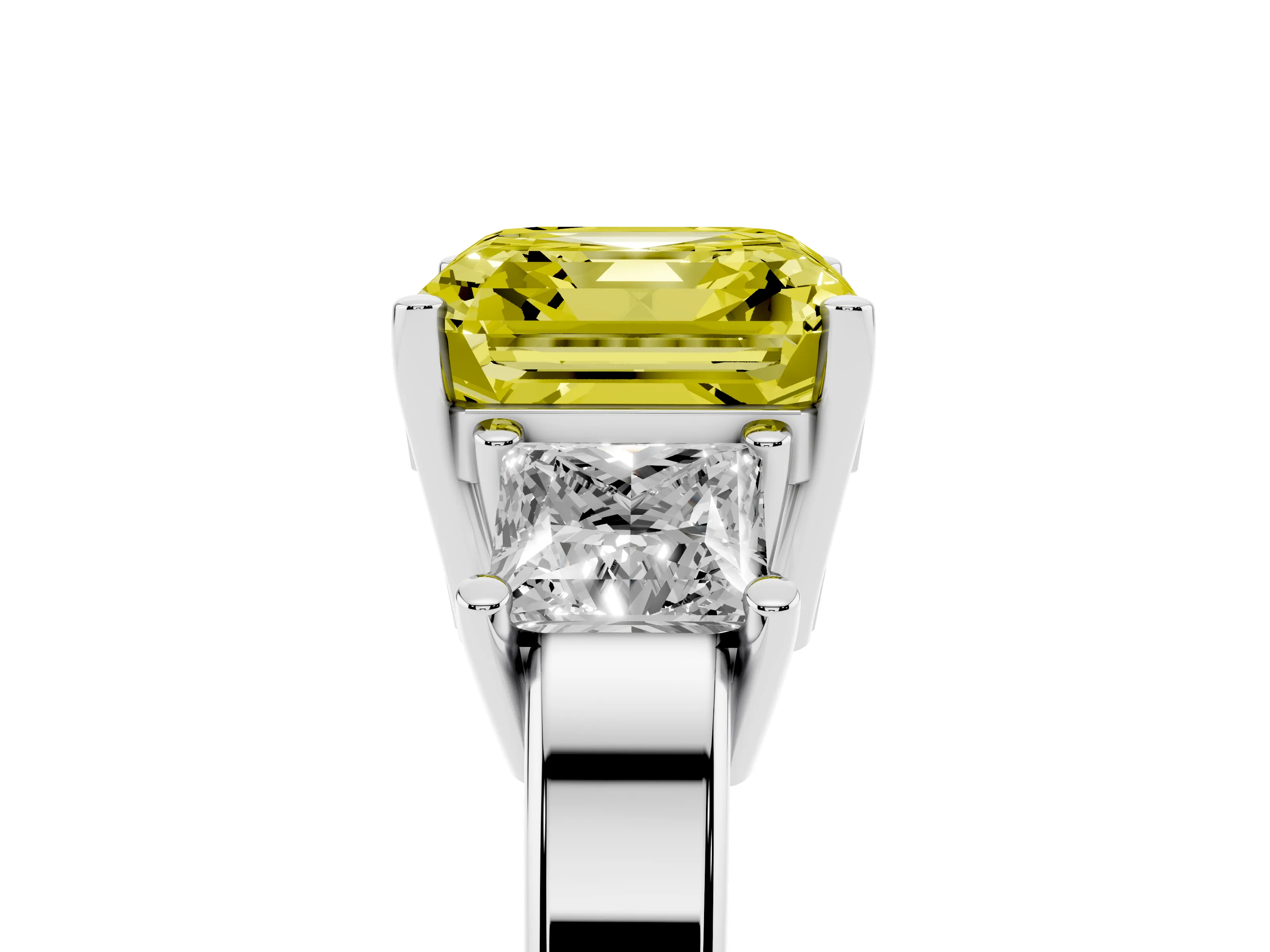 Fancy Yellow Three-Stone Asscher Cut Diamond Solitaire Ring Set in Silver with Prong Setting