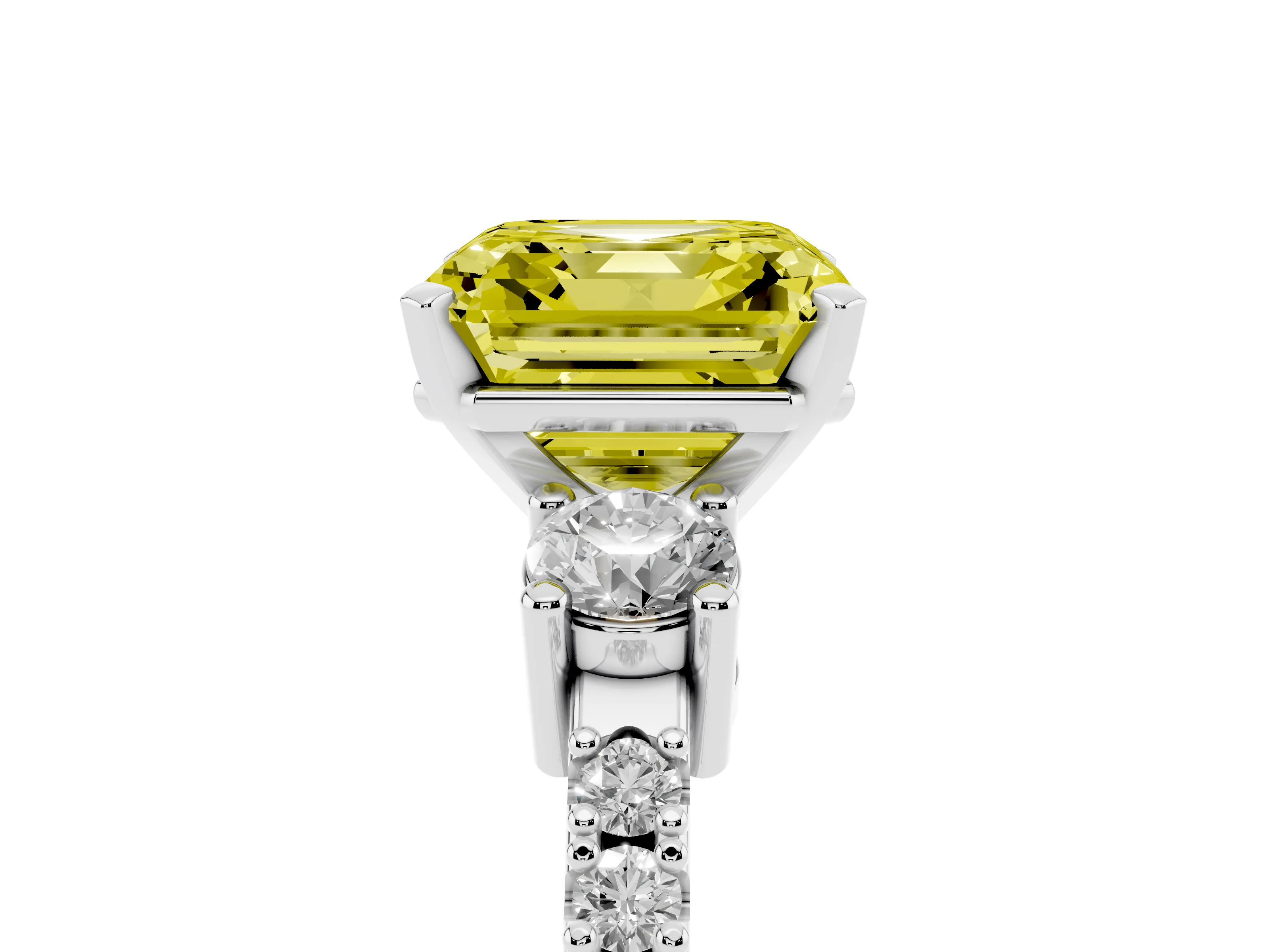 Fancy Yellow Three-Stone Asscher Cut Diamond Pavé Band Ring Set in Silver with Prong Setting