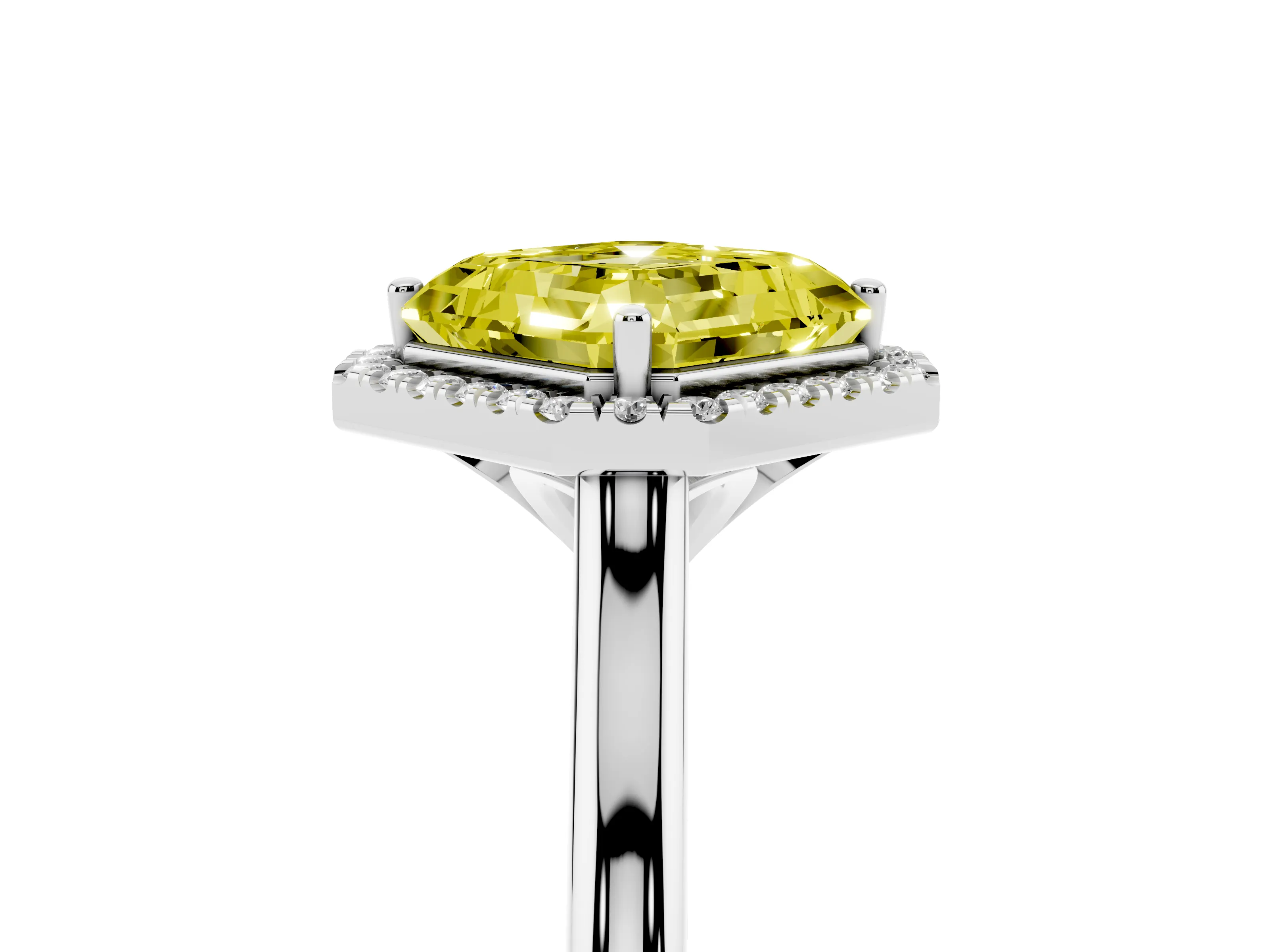 Fancy Yellow Asscher Cut Diamond Halo Engagement Ring Set in White gold with Pavé Band and Rising Shoulders