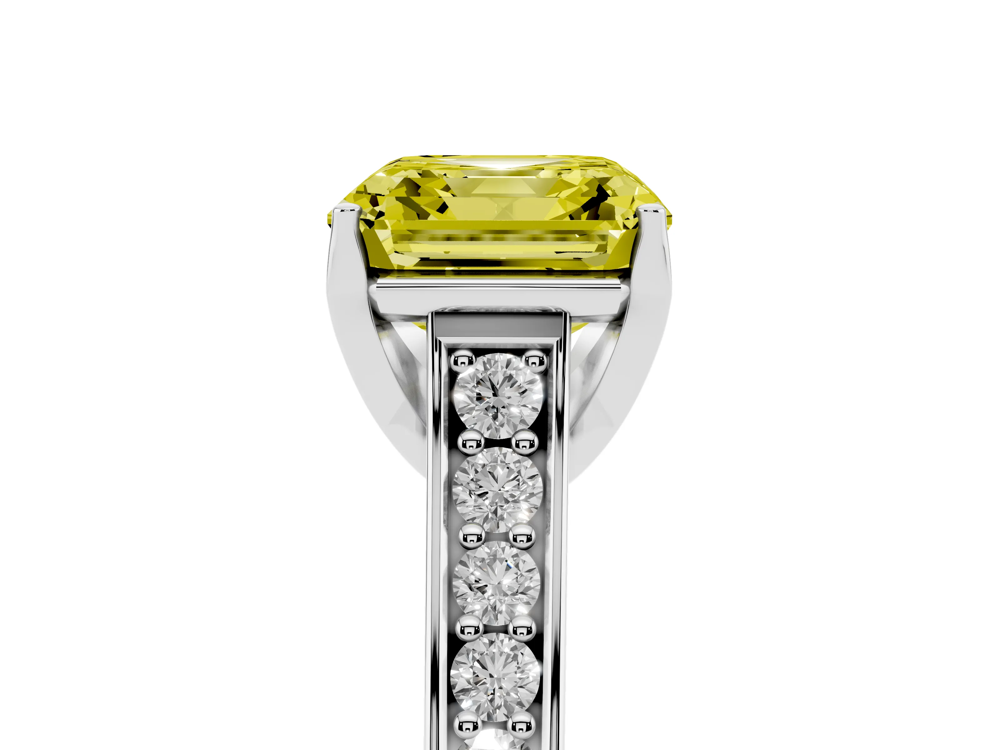 Fancy Yellow Asscher Cut Diamond Solitaire Pavé Engagement Ring Set in White gold with Prong Setting