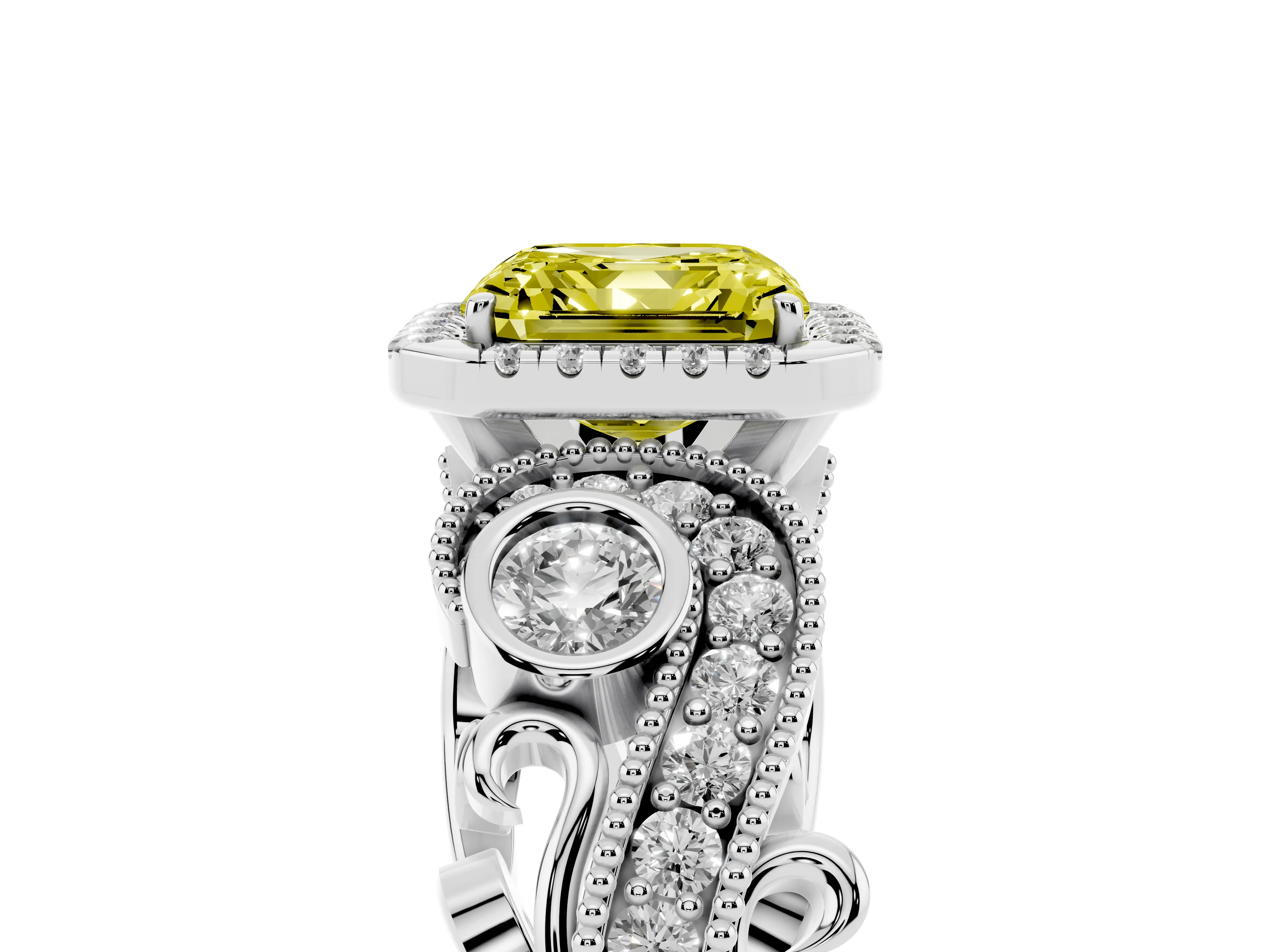 Fancy Yellow Asscher Cut Diamond Halo Ring Set in Silver with Milgrain Pavé Band and Prong Setting