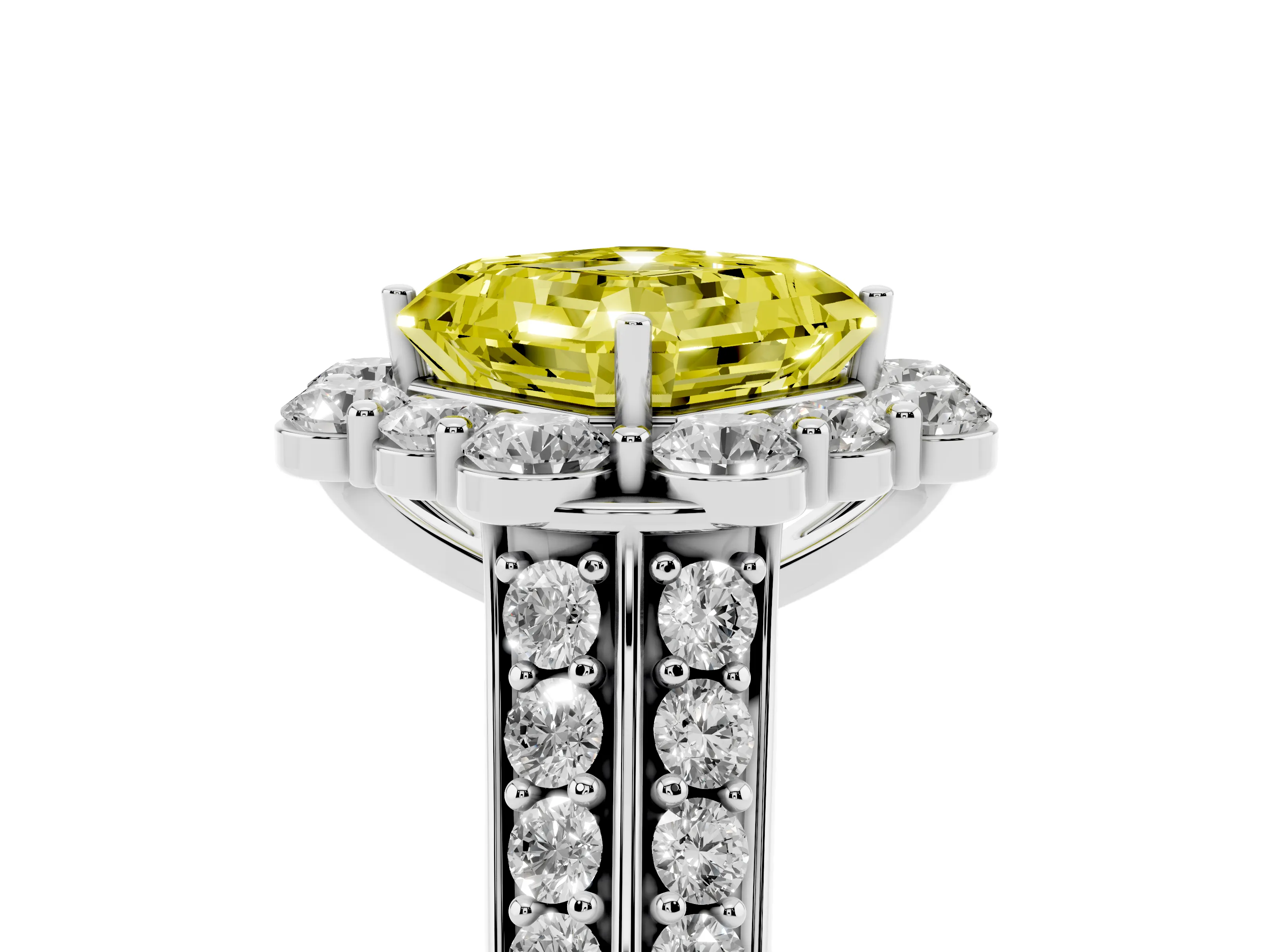Fancy Yellow Asscher Cut Diamond Halo Engagement Ring Set in Silver with Split Shank and Prong Setting