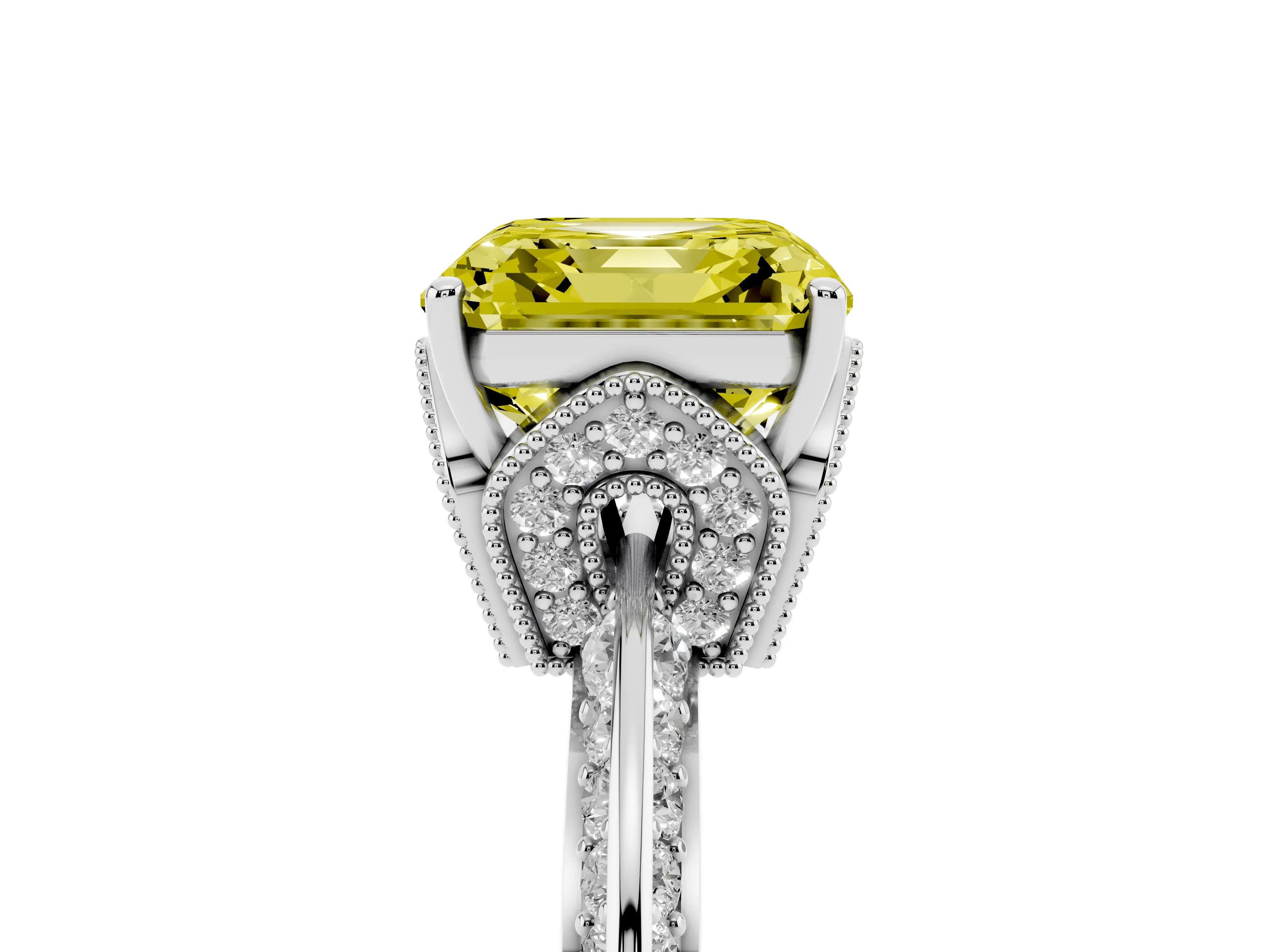 Fancy Yellow Asscher Cut Diamond Solitaire Engagement Ring Set in Platinum with Pavé Split Shank and Prong Setting