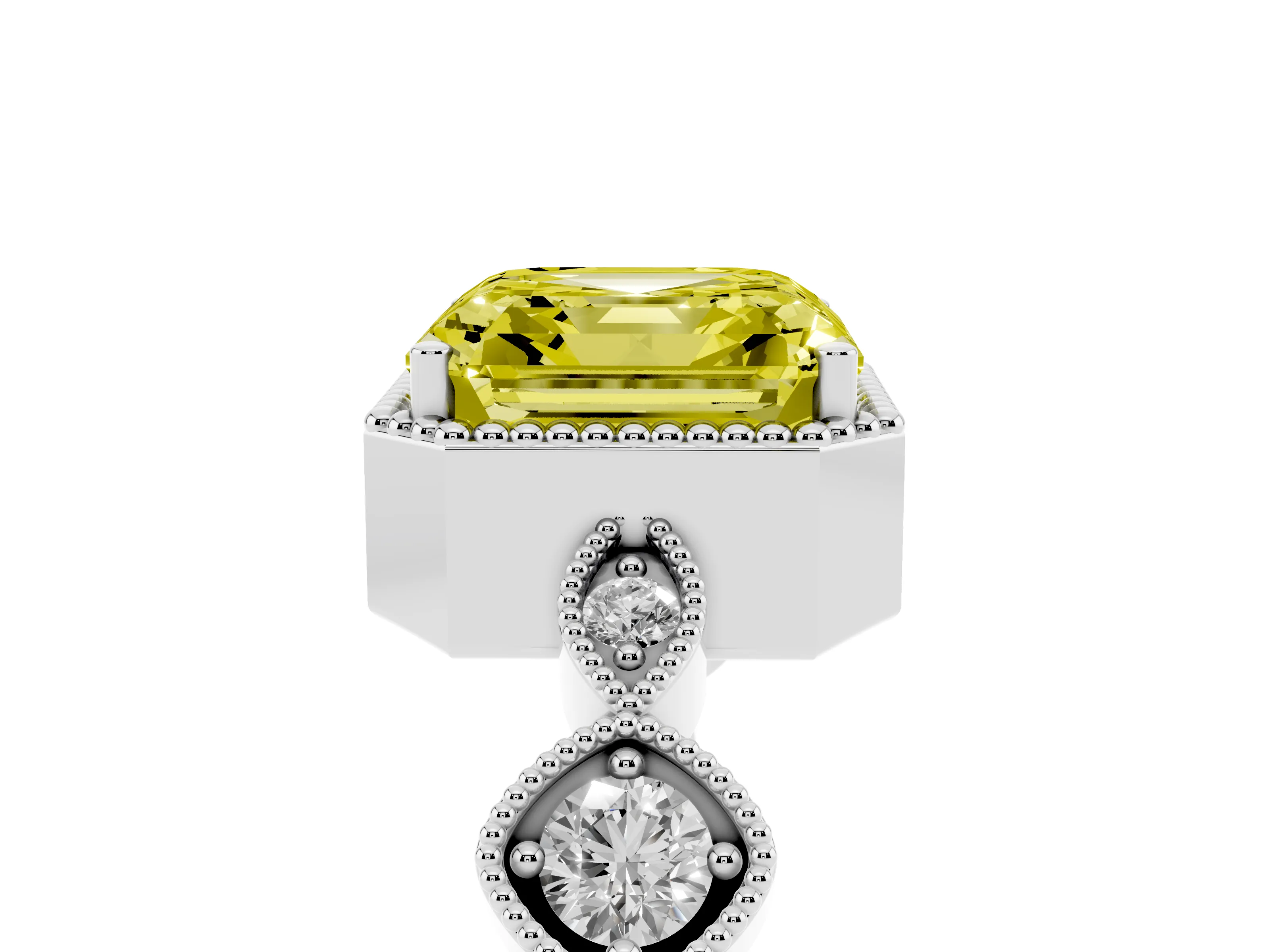 Fancy Yellow Asscher Cut Diamond Vintage-Inspired Milgrain Ring Set in White gold with Marquise Stations of Round Accents