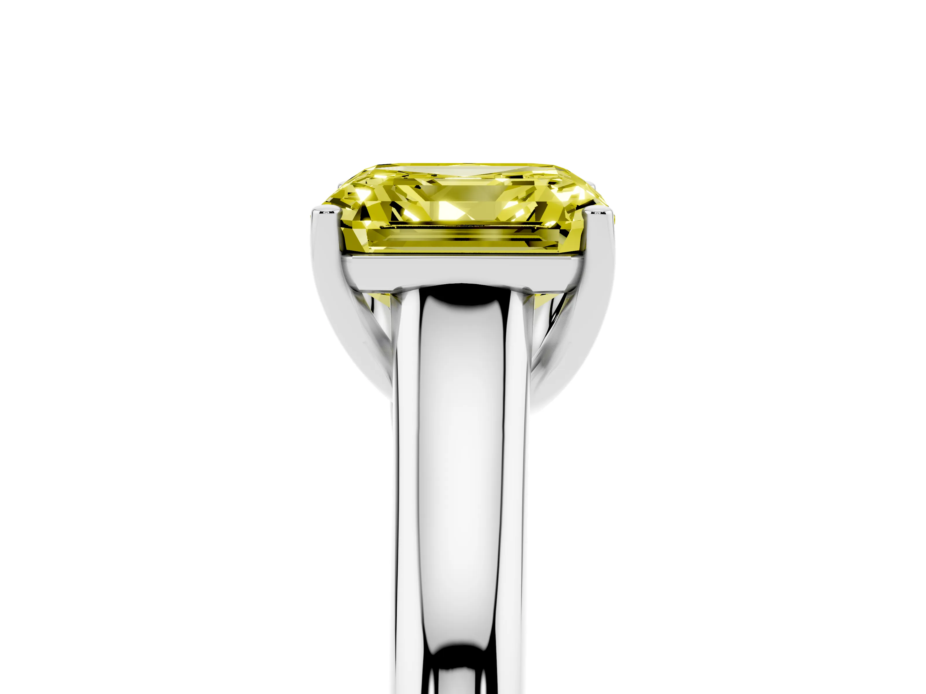 Fancy Yellow Asscher Cut Diamond Solitaire Engagement Ring Set in Silver with Subtly Tapered Band and Prong Setting