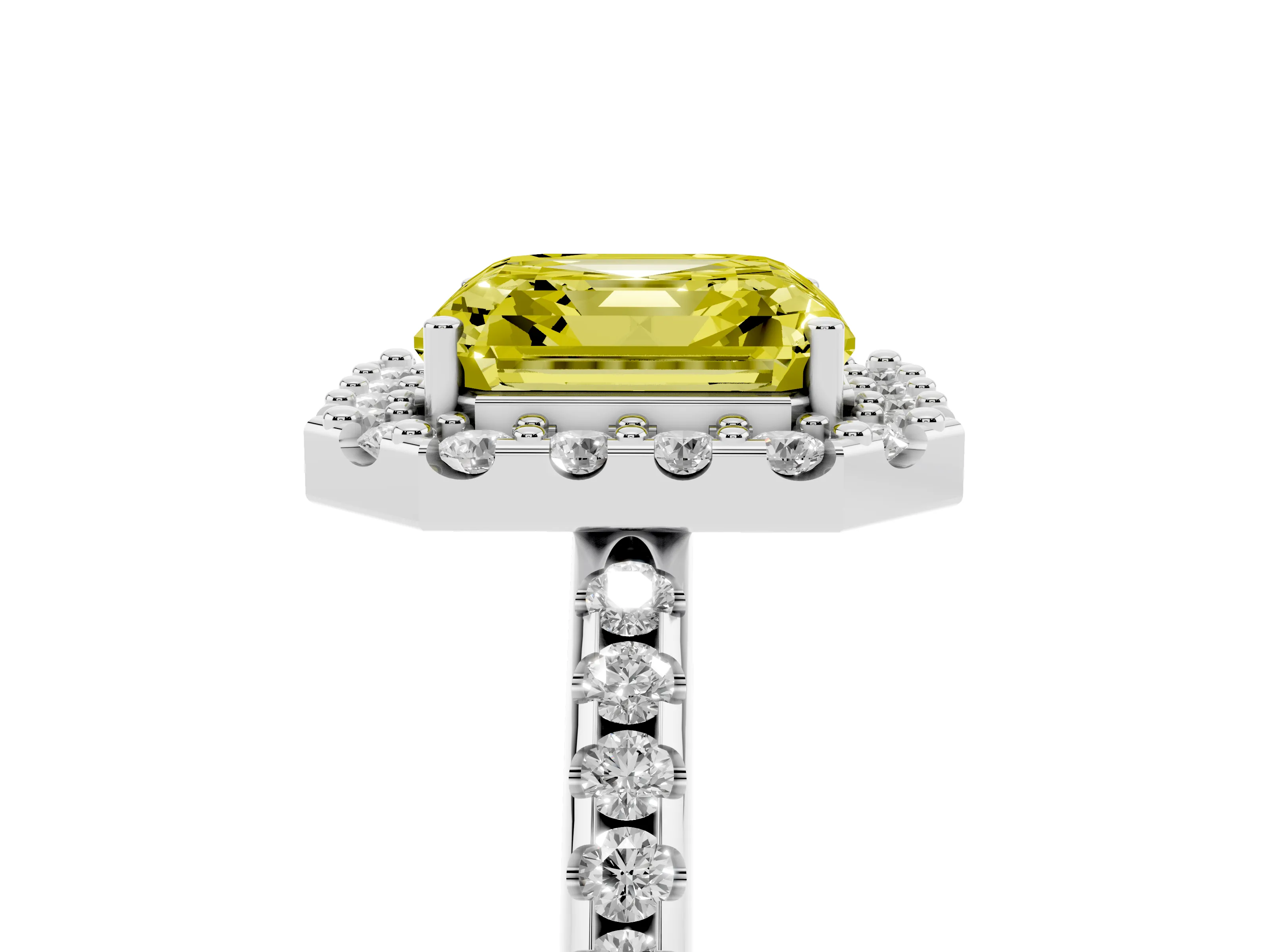 Fancy Yellow Asscher Cut Diamond Pavé Halo Ring Set in Platinum with Prong Setting