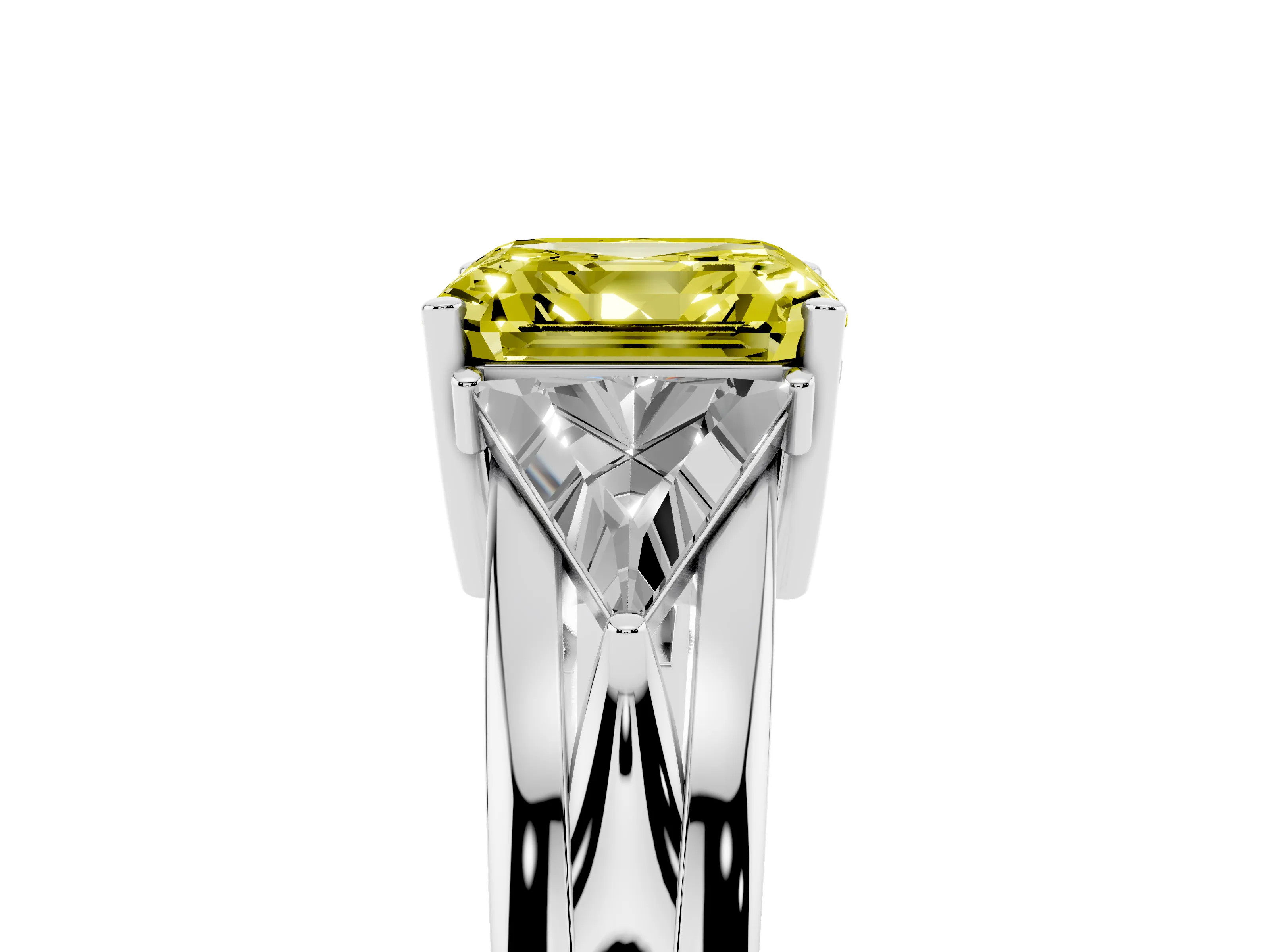 Fancy Yellow Asscher Cut Diamond Three-Stone Ring Set in Platinum with Trillion Side Stones and Split Shank