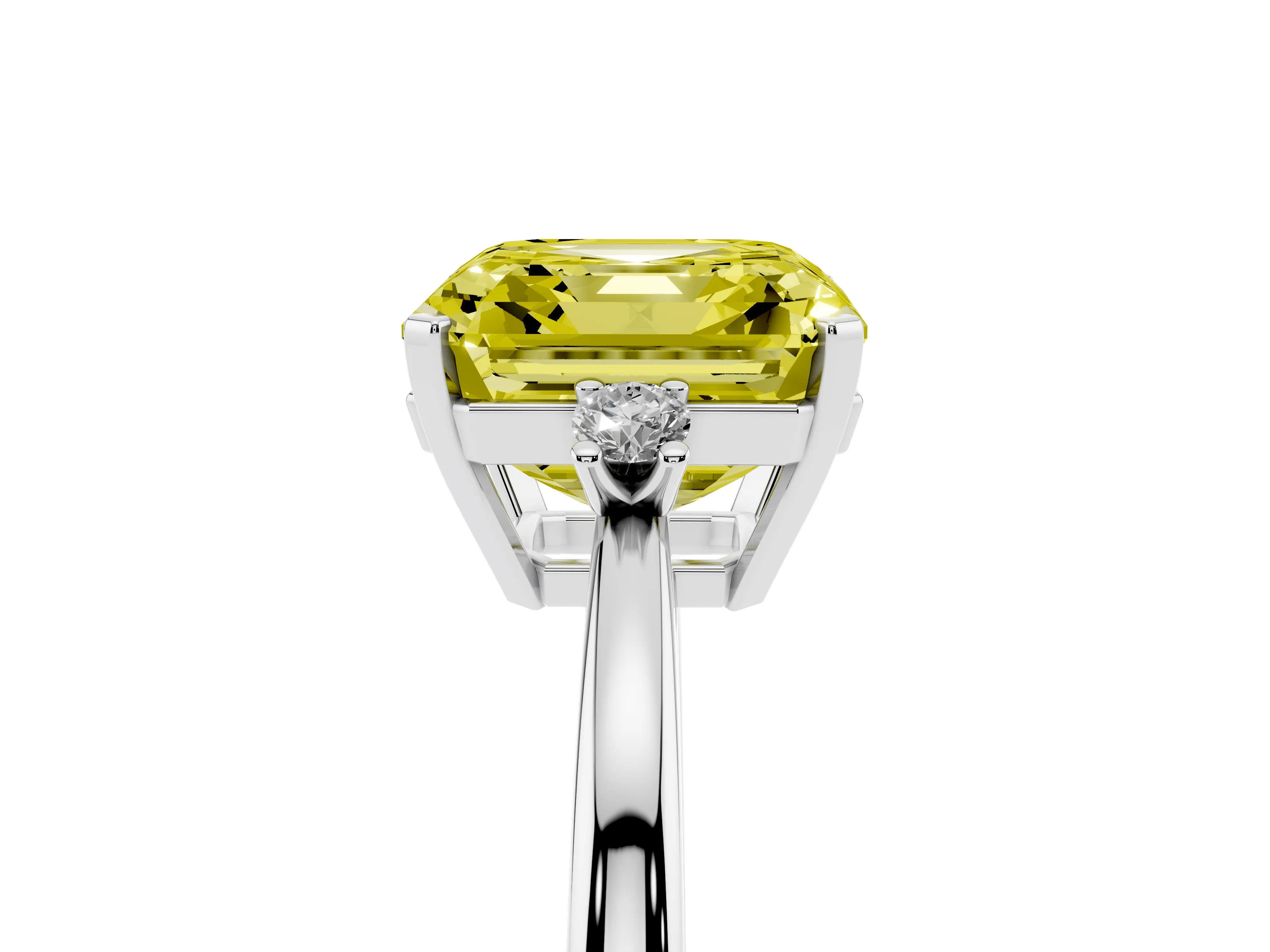 Fancy Yellow Three-Stone Asscher Cut Diamond Solitaire Ring Set in Platinum with Round Accent Stones and Prong Setting