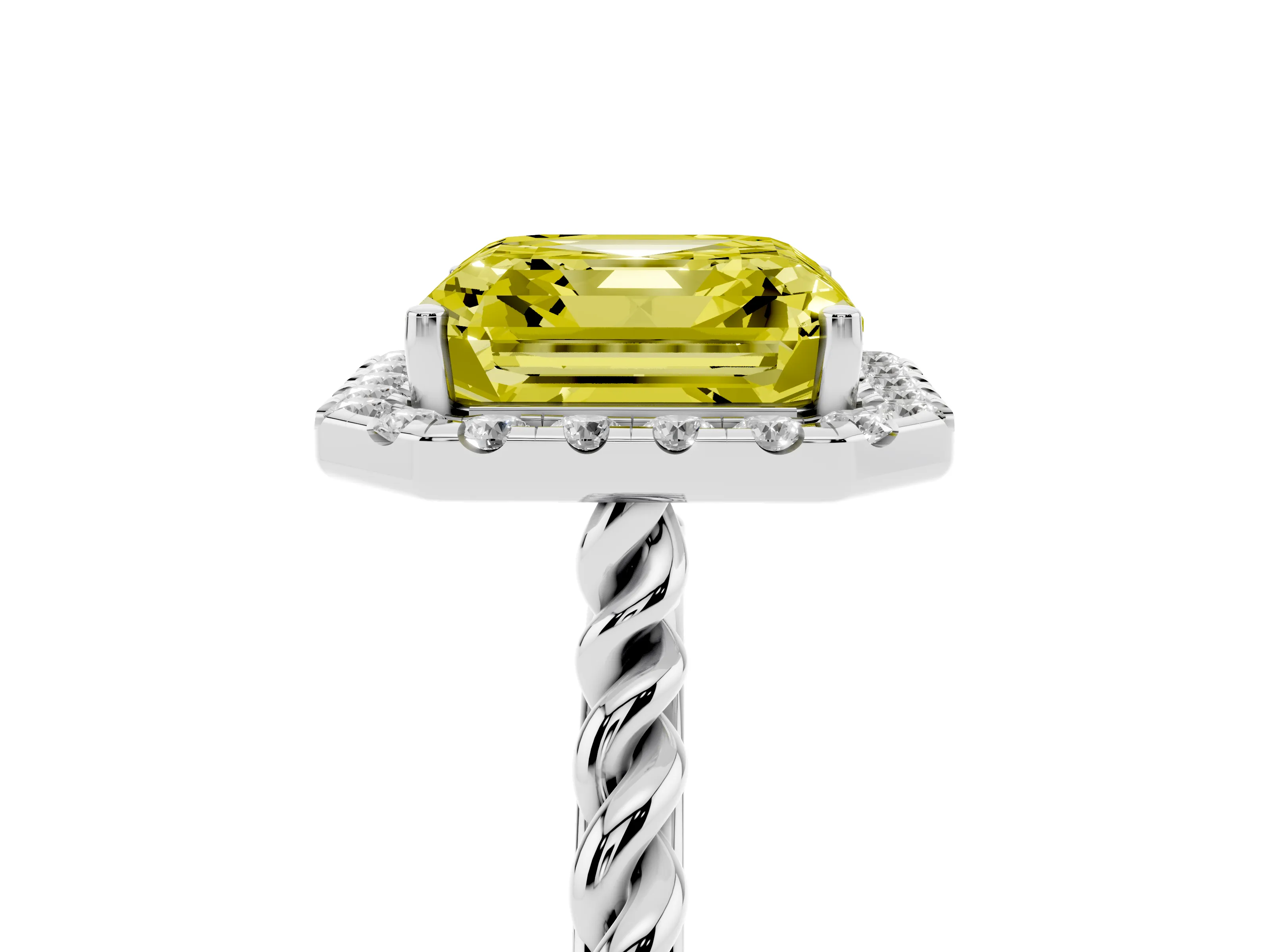 Fancy Yellow Asscher Cut Diamond Halo Ring Set in Platinum with Plain Twisted Band