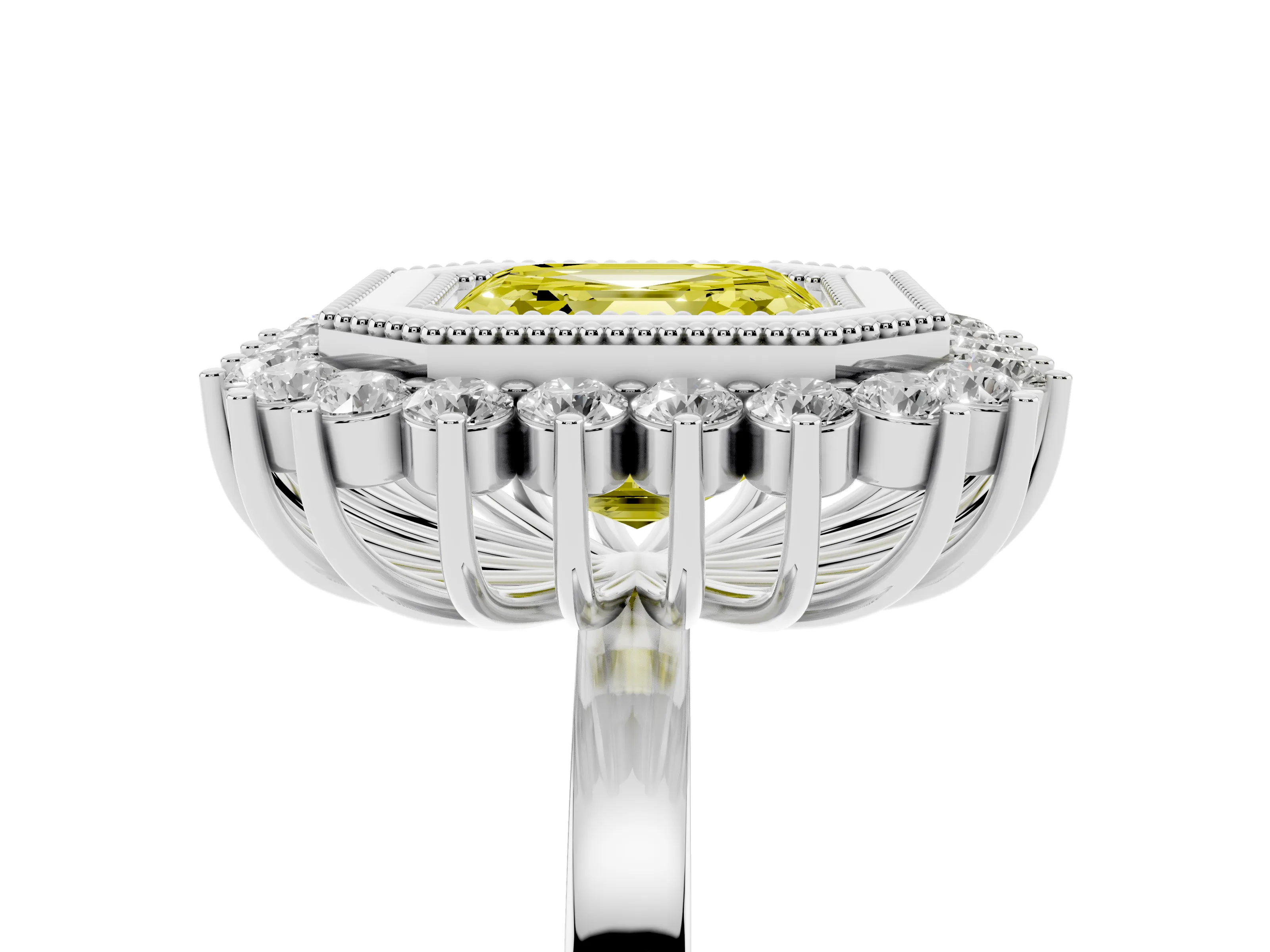 Fancy Yellow Asscher Cut Diamond Halo Ring Set in Silver with Milgrain Edge and Round Prong Setting