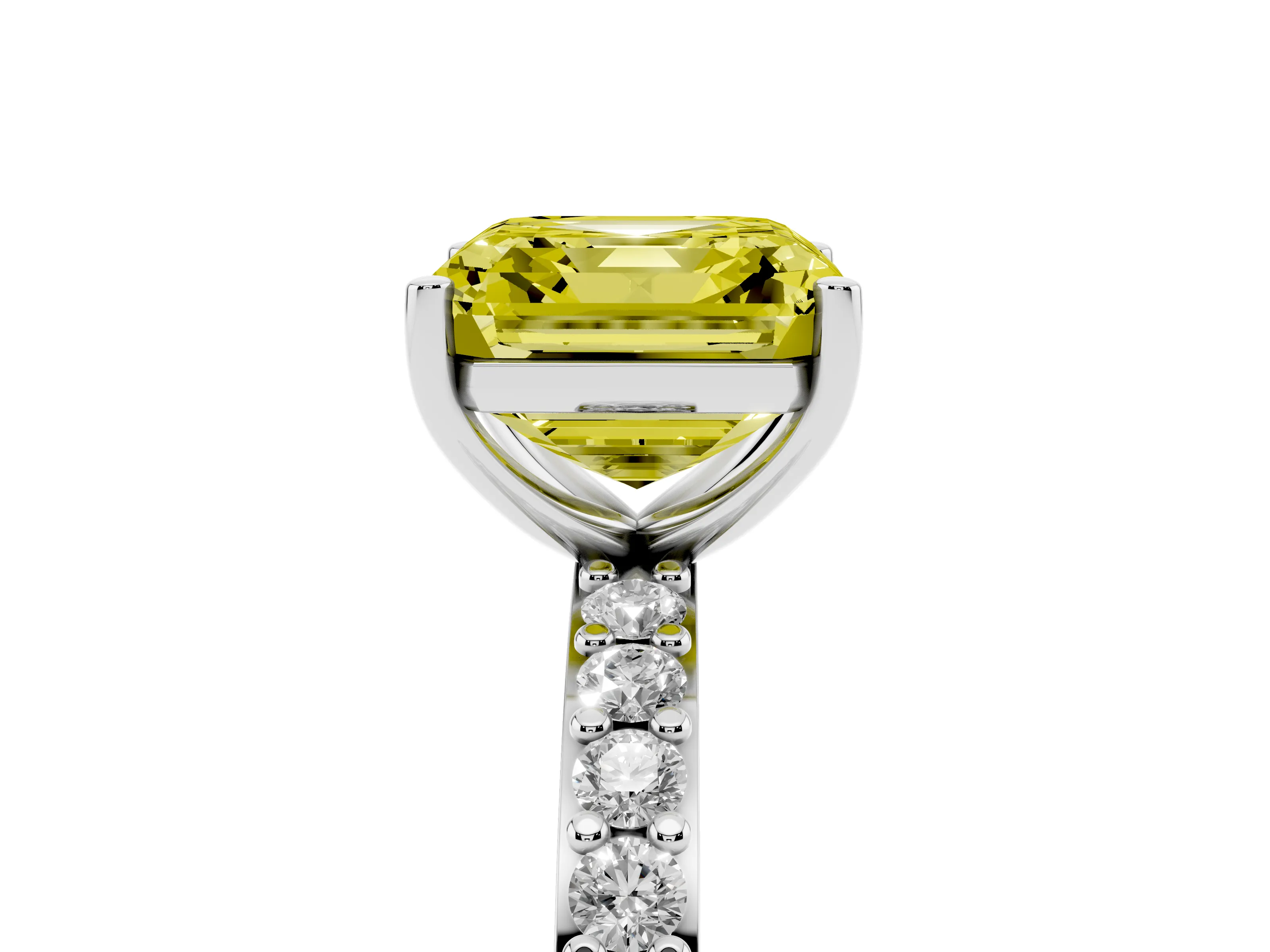 Fancy Yellow Asscher Cut Diamond Solitaire Set in Silver with Round Pavé Band and Prong Setting