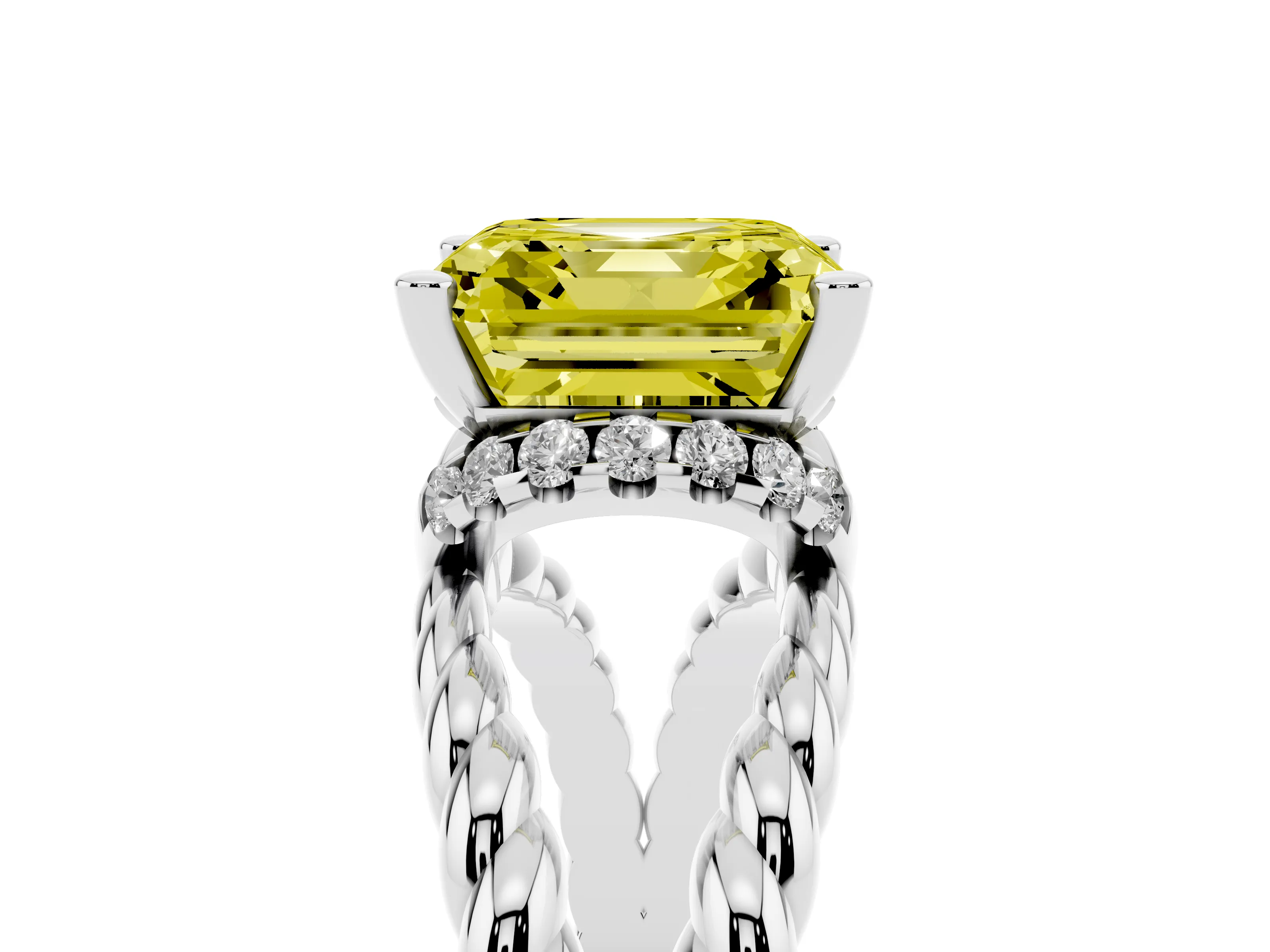 Fancy Yellow Asscher Cut Diamond Halo Ring Set in White gold with Twisted Band and Prong Setting