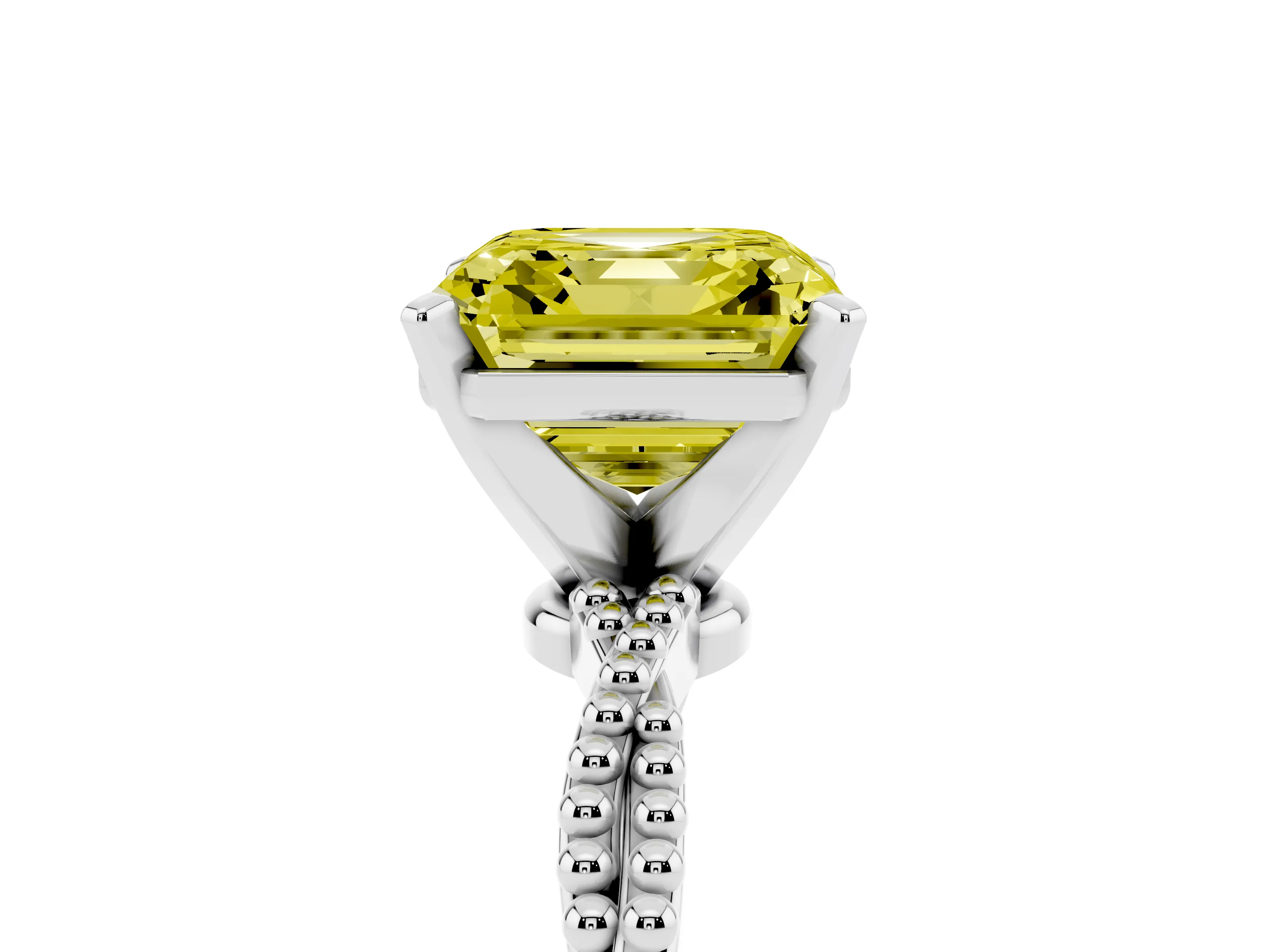 Fancy Yellow Asscher Cut Diamond Solitaire Ring Set in Platinum with Twisted Band and Bead Prong Setting