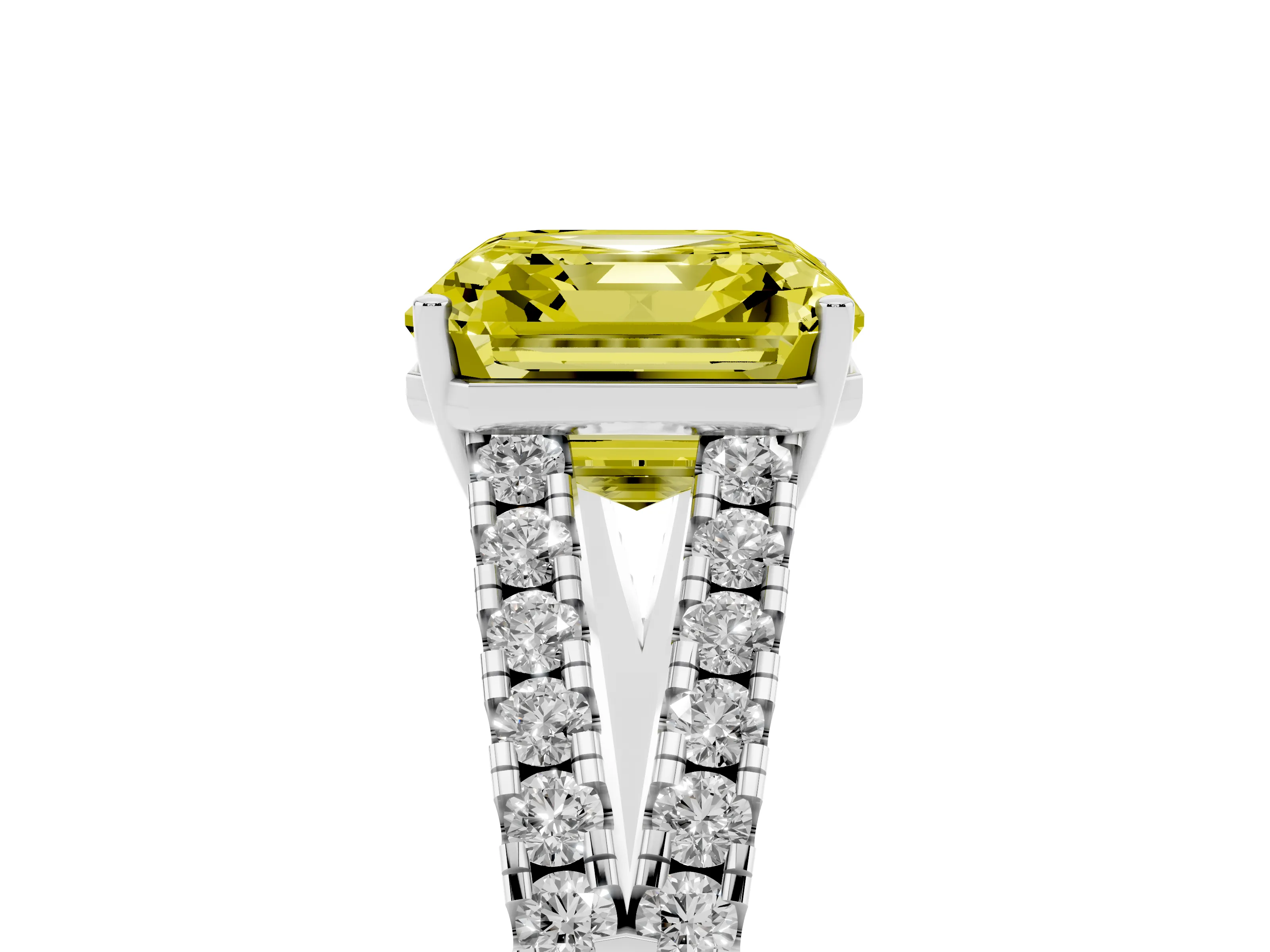 Fancy Yellow Asscher Cut Diamond Split Shank Pavé Engagement Ring Set in White gold with Prong-Held Center Stone