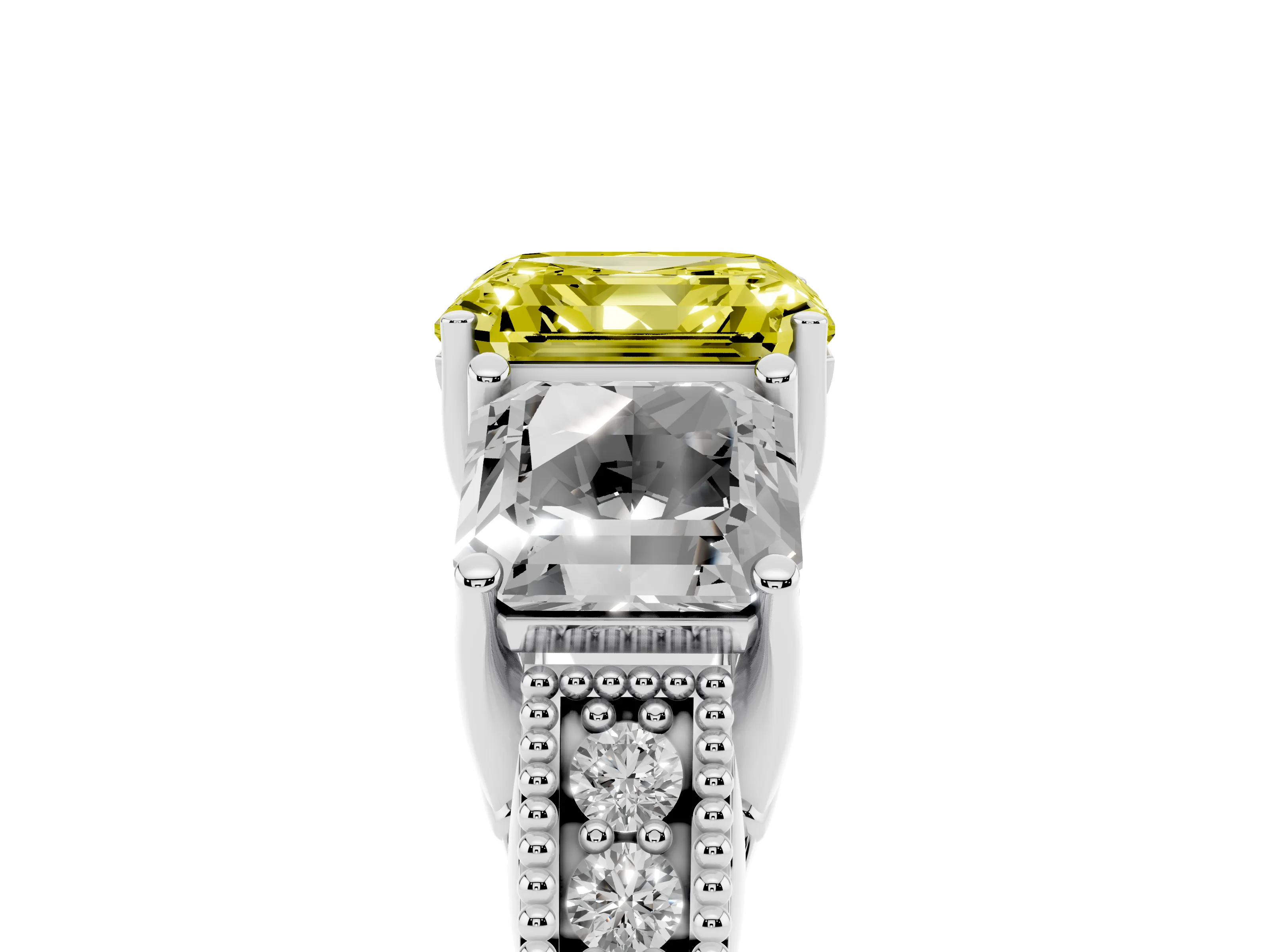 Fancy Yellow Asscher Cut Diamond Three-Stone Engagement Ring Set in Silver with Milgrain Pavé Band