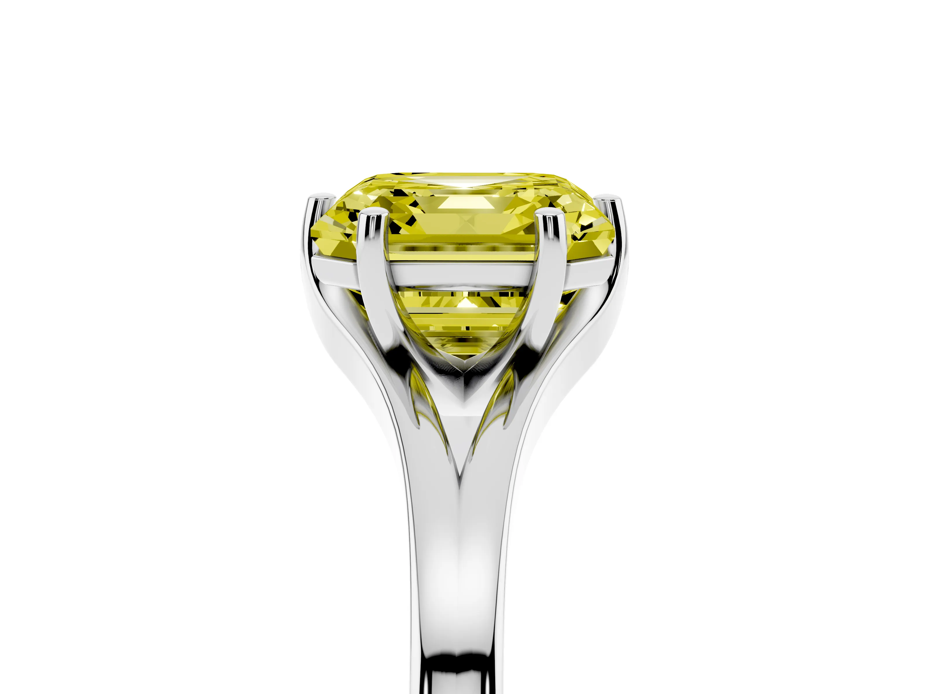 Fancy Yellow Asscher Cut Diamond Solitaire Ring Set in White gold with Polished Tapered Band and Prong Setting
