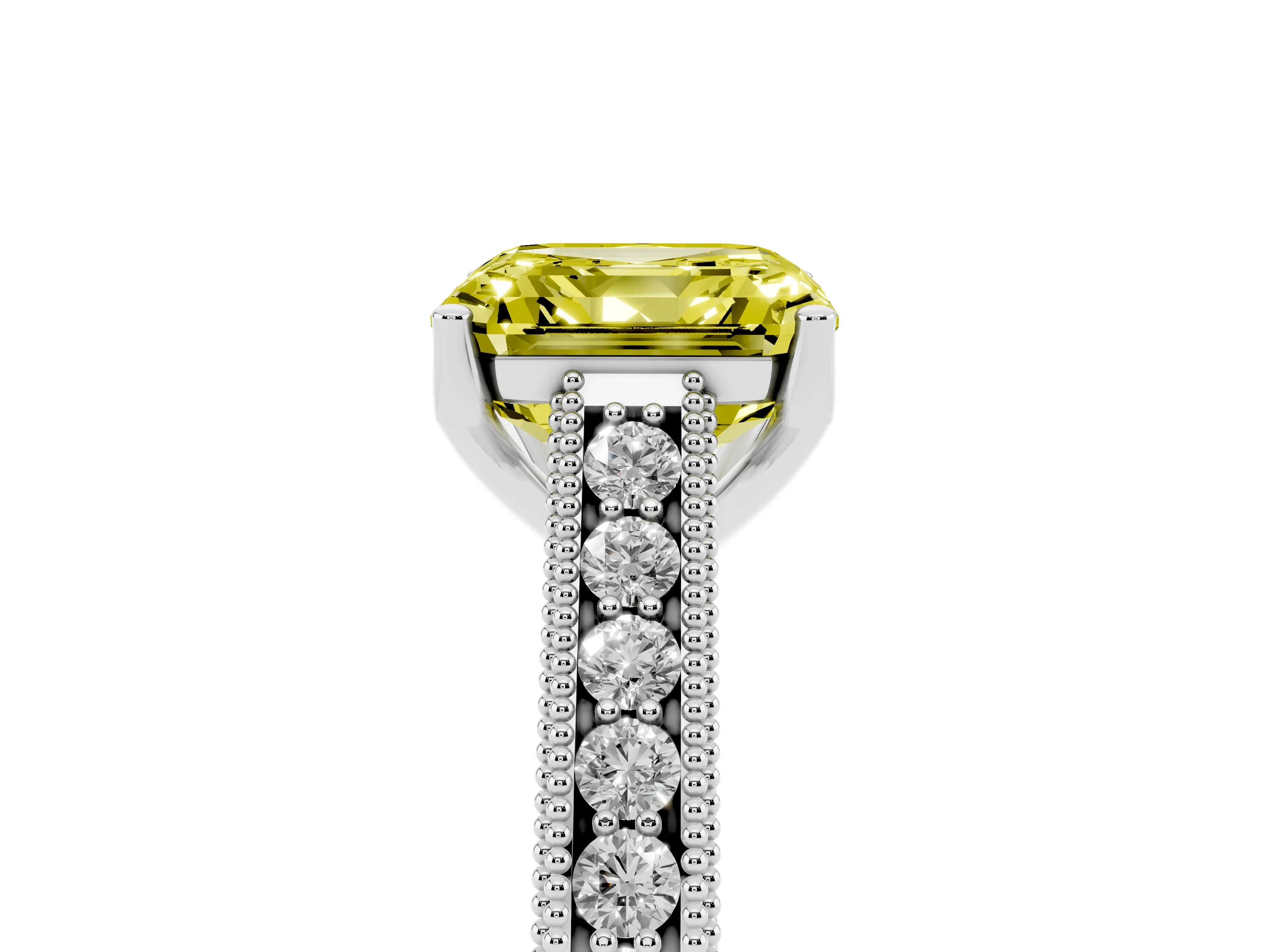 Fancy Yellow Asscher Cut Diamond Milgrain Pavé Band Solitaire Ring Set in Platinum with Prong Setting