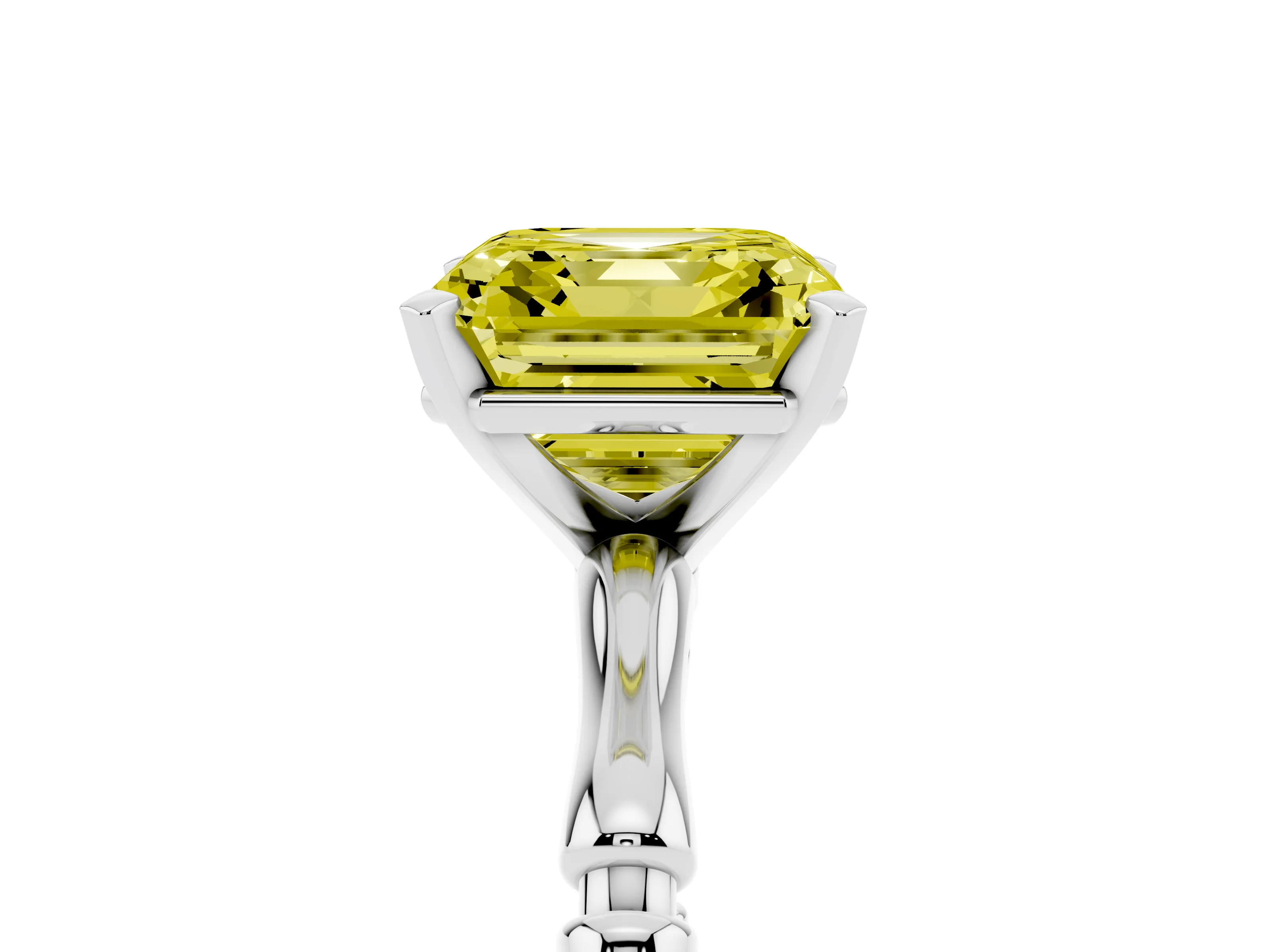 Fancy Yellow Asscher Cut Diamond Solitaire Ring Set in Platinum with Bamboo Band and Prong Setting