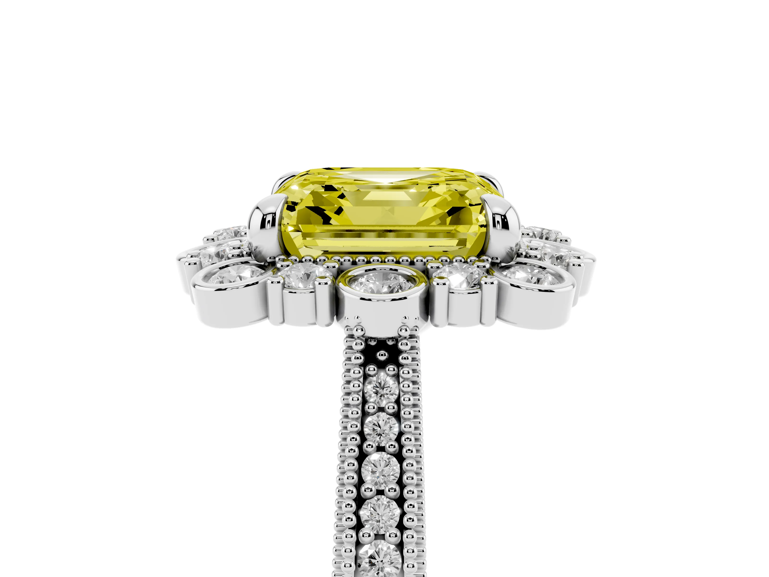 Fancy Yellow Asscher Cut Diamond Halo Milgrain Pavé Ring Set in Silver with Prong Setting