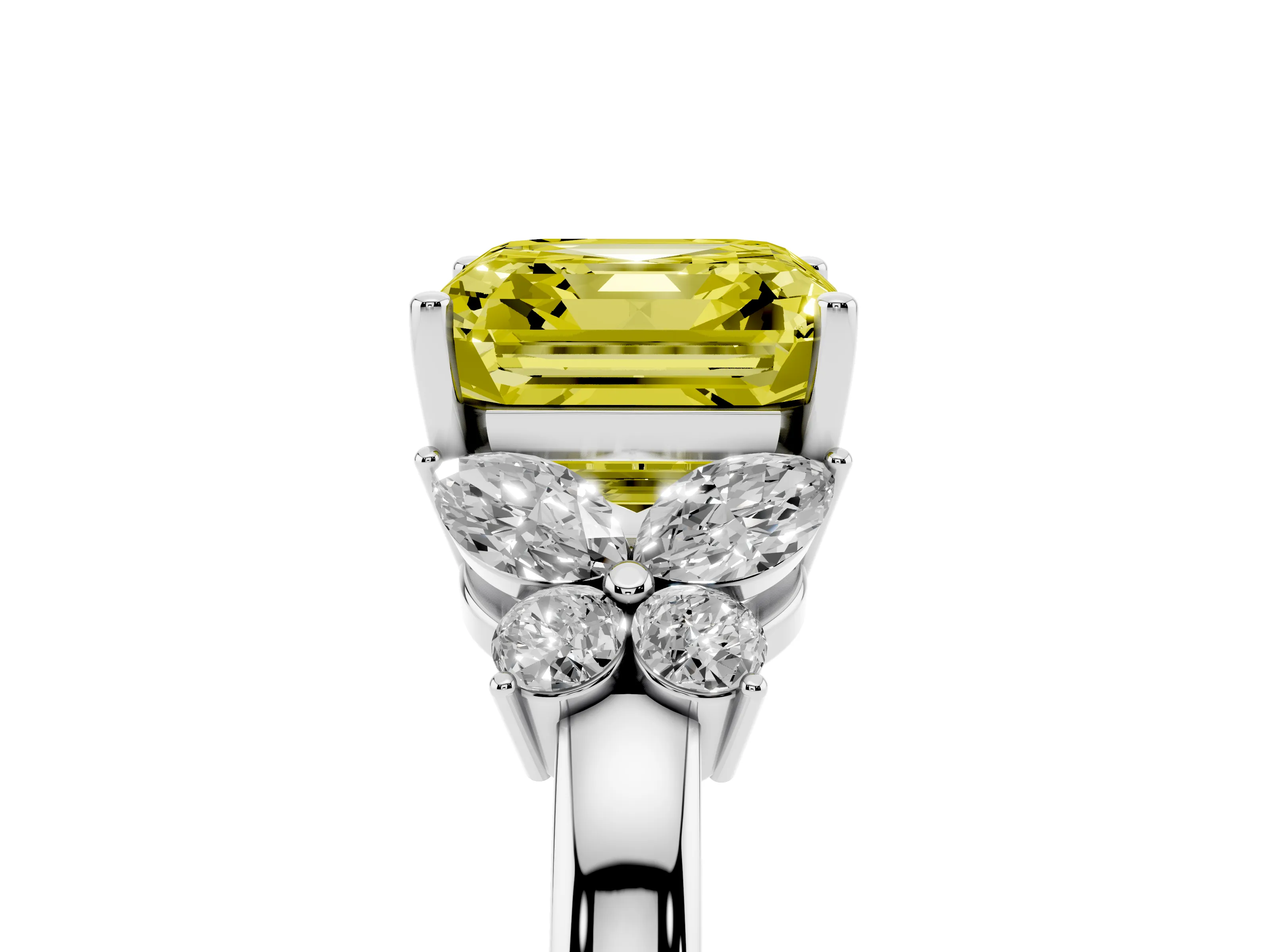 Fancy Yellow Asscher Cut Diamond Solitaire Floral Ring Set in White gold with Marquise Petals and Prong Setting
