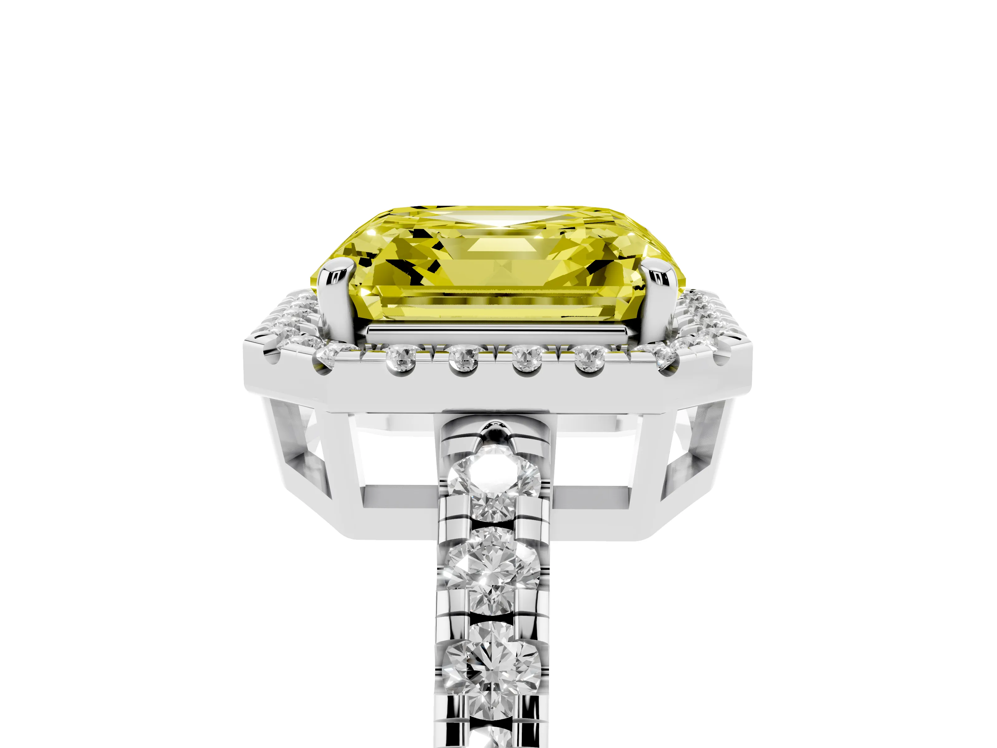 Fancy Yellow Asscher Cut Diamond Halo Ring Set in Platinum with Delicate Pavé Band and Prong Setting