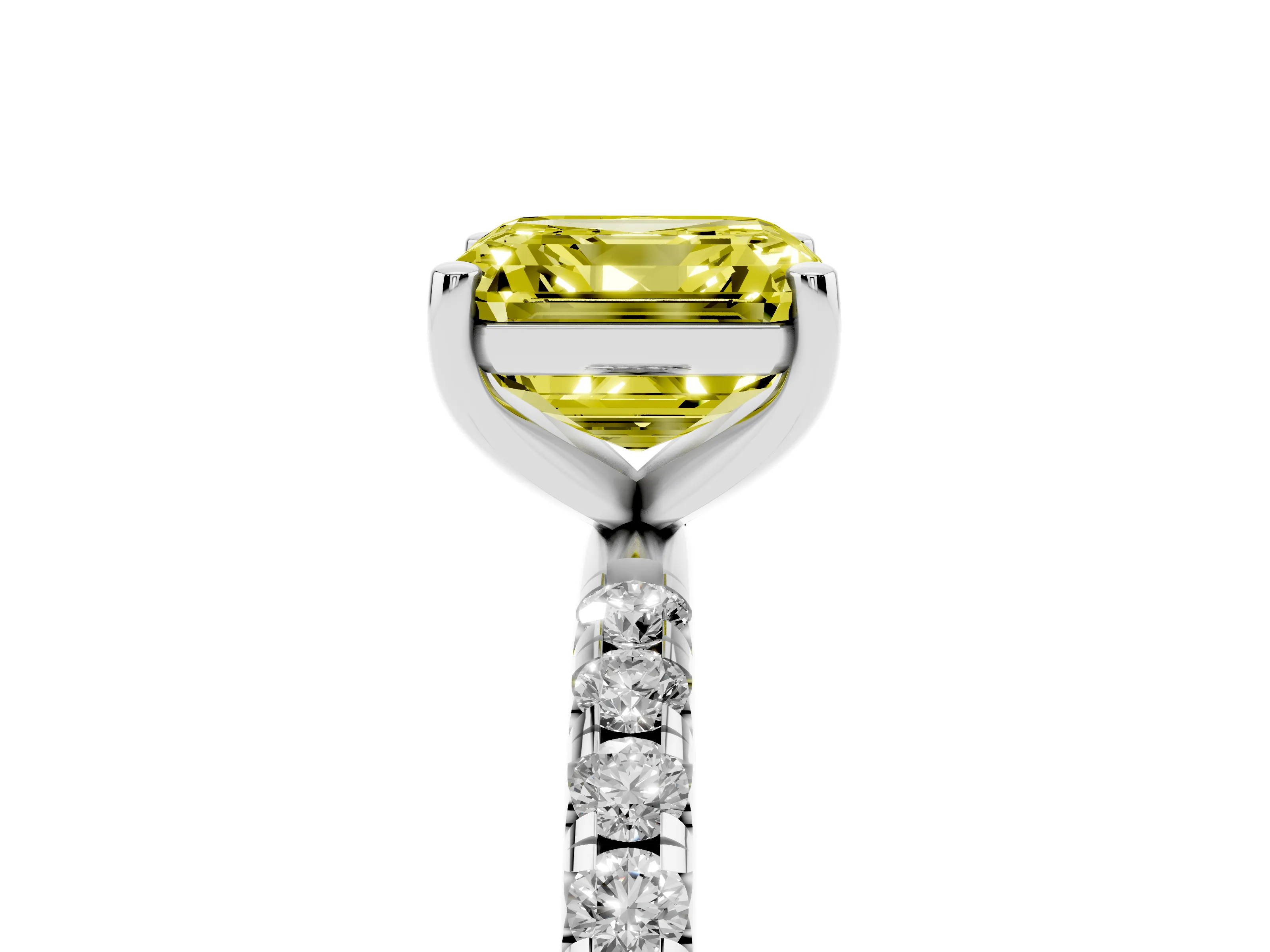 Fancy Yellow Asscher Cut Diamond Solitaire Ring Set in Silver with Micro Pavé Band and Prong Setting