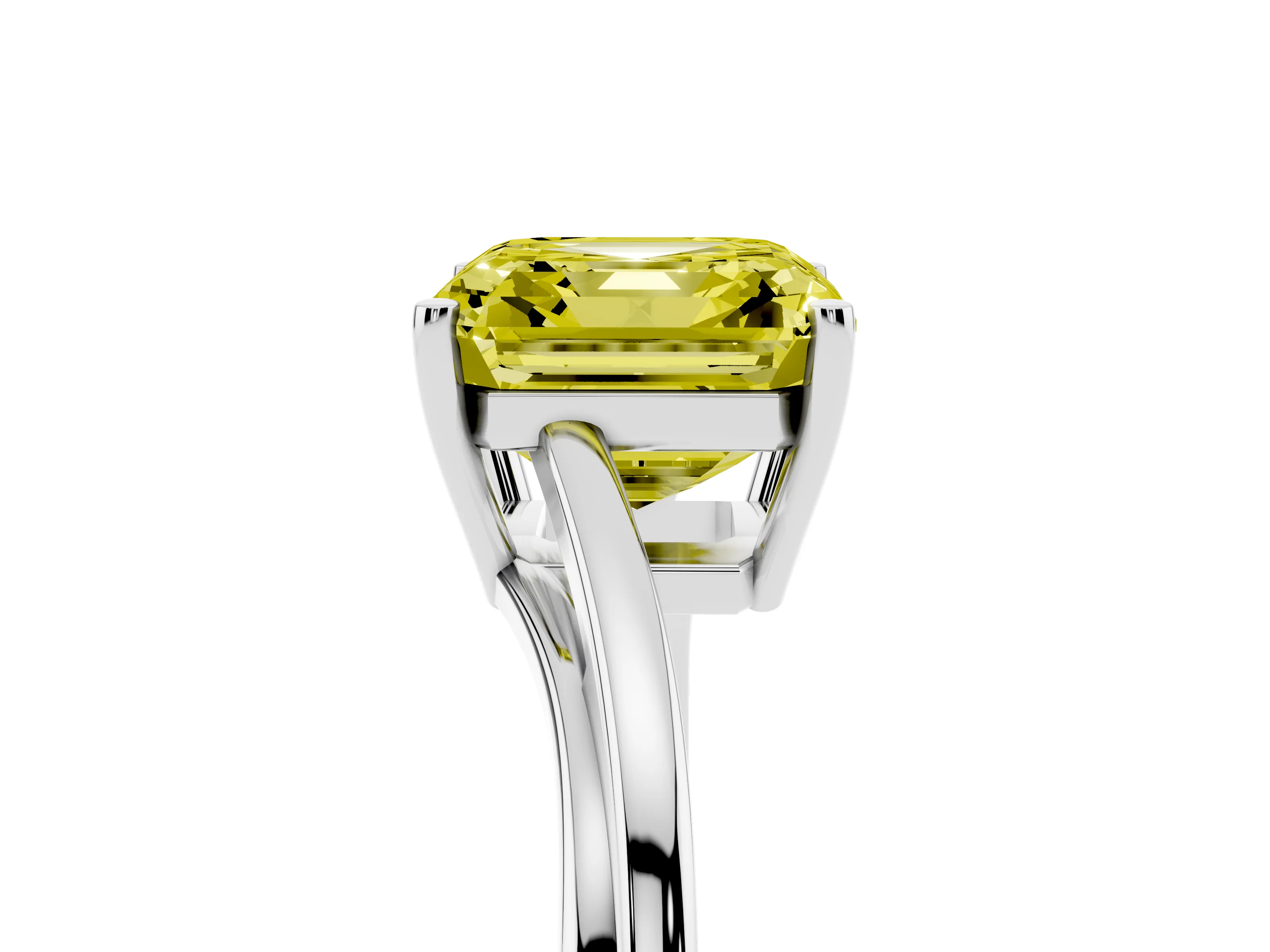 Fancy Yellow Asscher Cut Diamond Solitaire Twist Band Ring Set in Platinum with Prong Setting