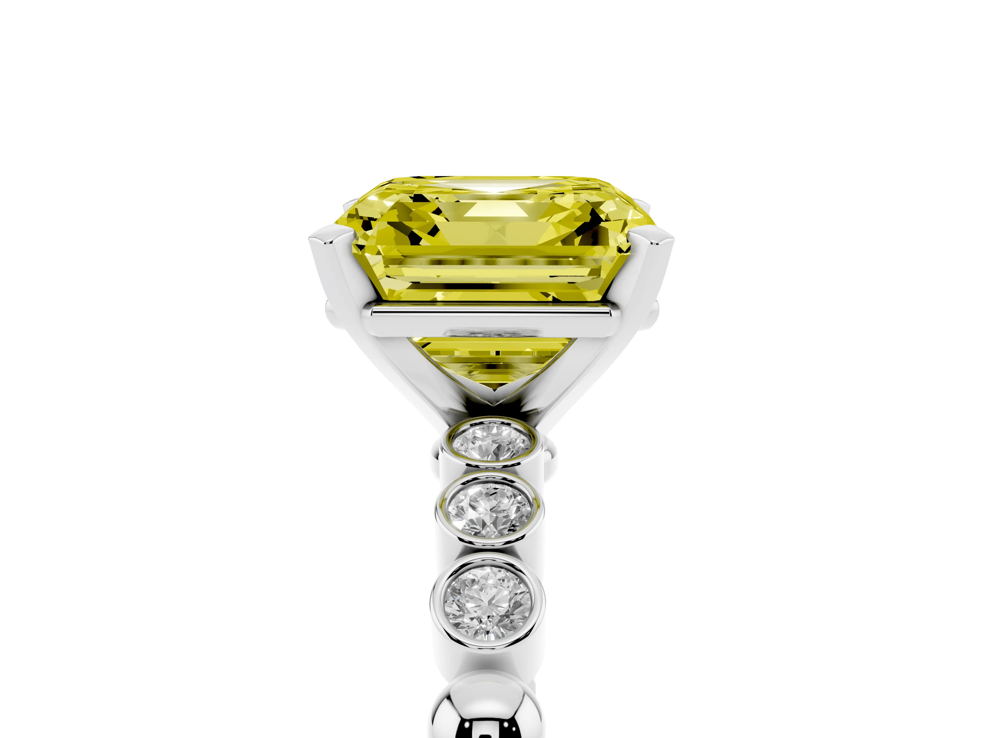 Fancy Yellow Asscher Cut Diamond Solitaire Engagement Ring Set in White gold with Bezel Accents on Beaded Band