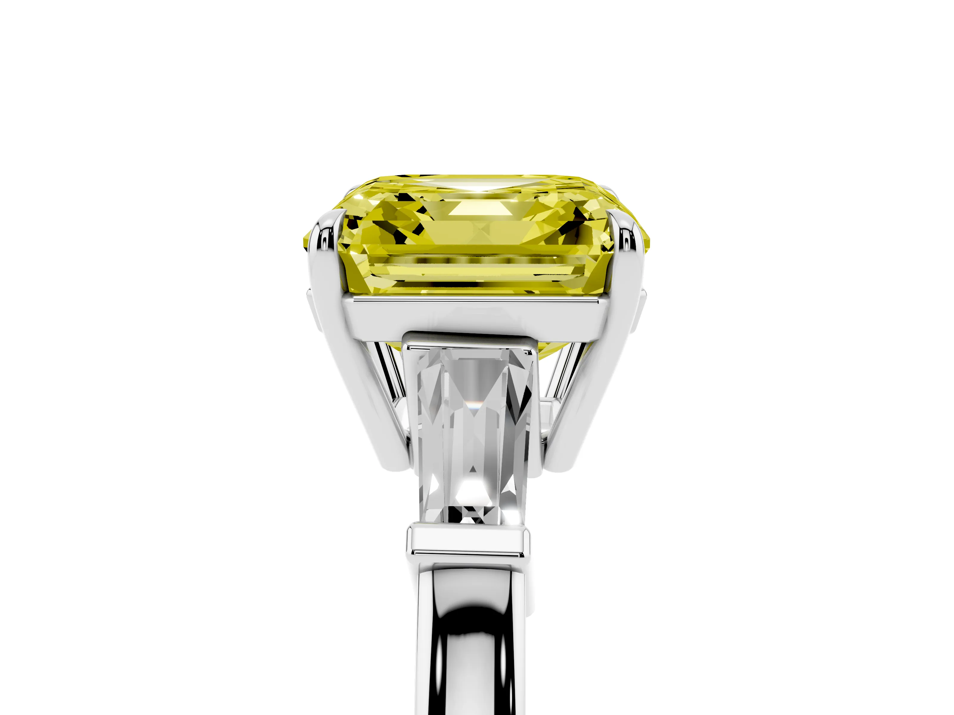 Fancy Yellow Asscher Cut Diamond Three-Stone Ring Set in White gold with Tapered Baguette Side Stones and Prong Setting