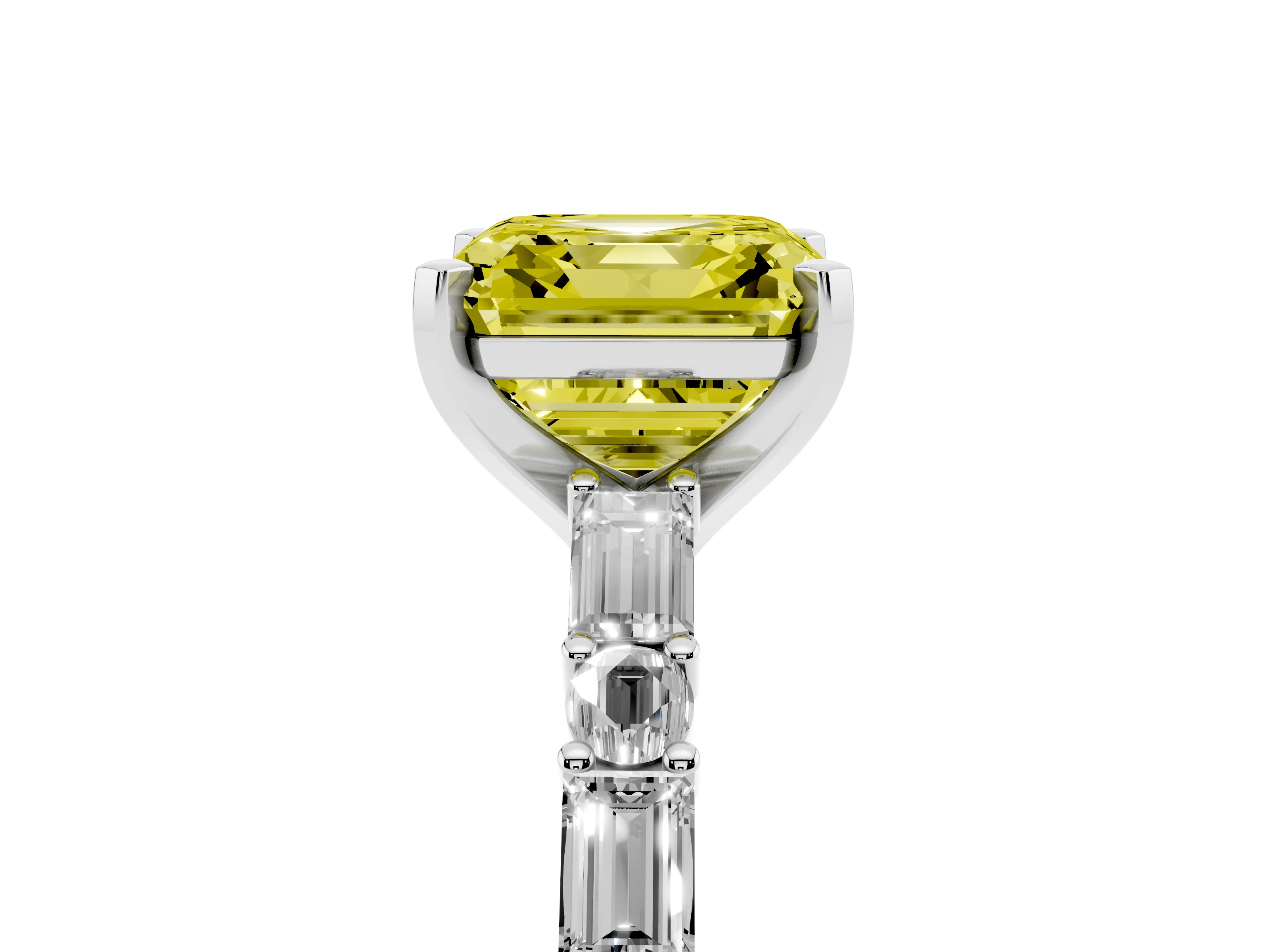 Fancy Yellow Asscher Cut Diamond Solitaire Set in Silver with Side Baguettes and Channel Set Band