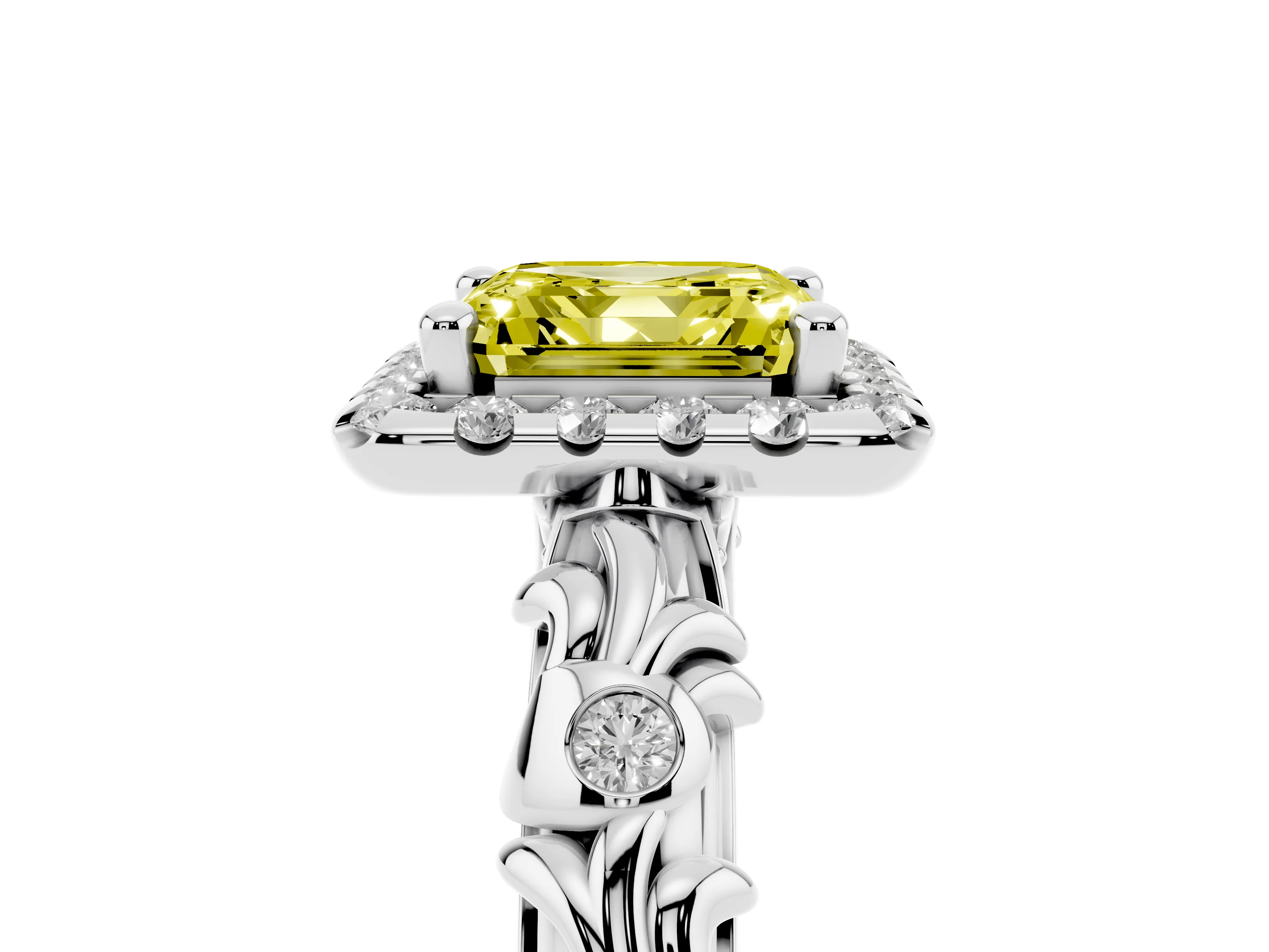 Fancy Yellow Asscher Cut Diamond Halo Ring Set in Platinum with Filigree Leaf Band and Prong Setting