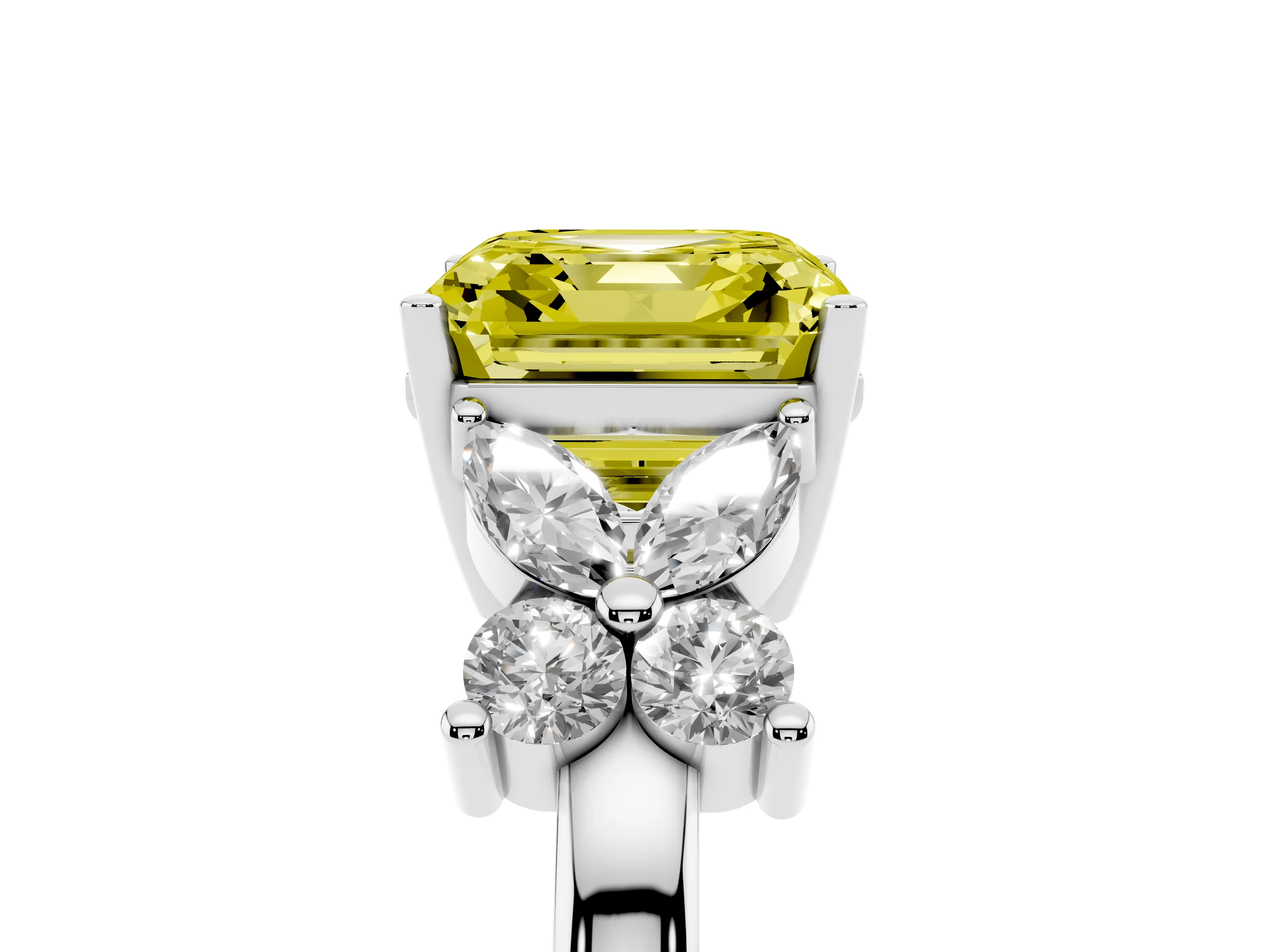 Fancy Yellow Asscher Cut Diamond Floral Cluster Ring Set in Platinum with Marquise Petals and Prong Setting