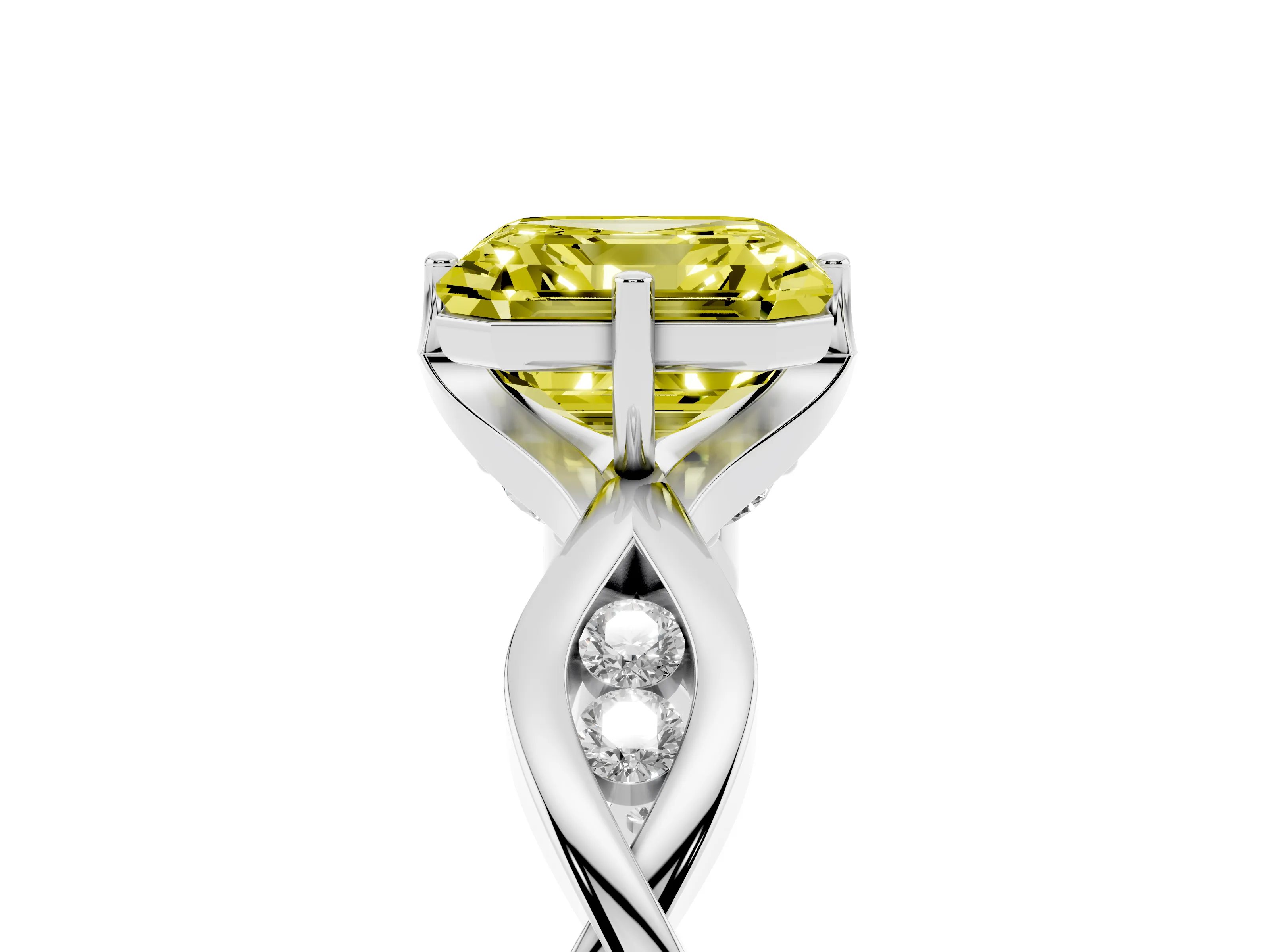 Fancy Yellow Asscher Cut Diamond Twist Band Solitaire Ring Set in Platinum with Leaf Prong Setting and Accent Stones