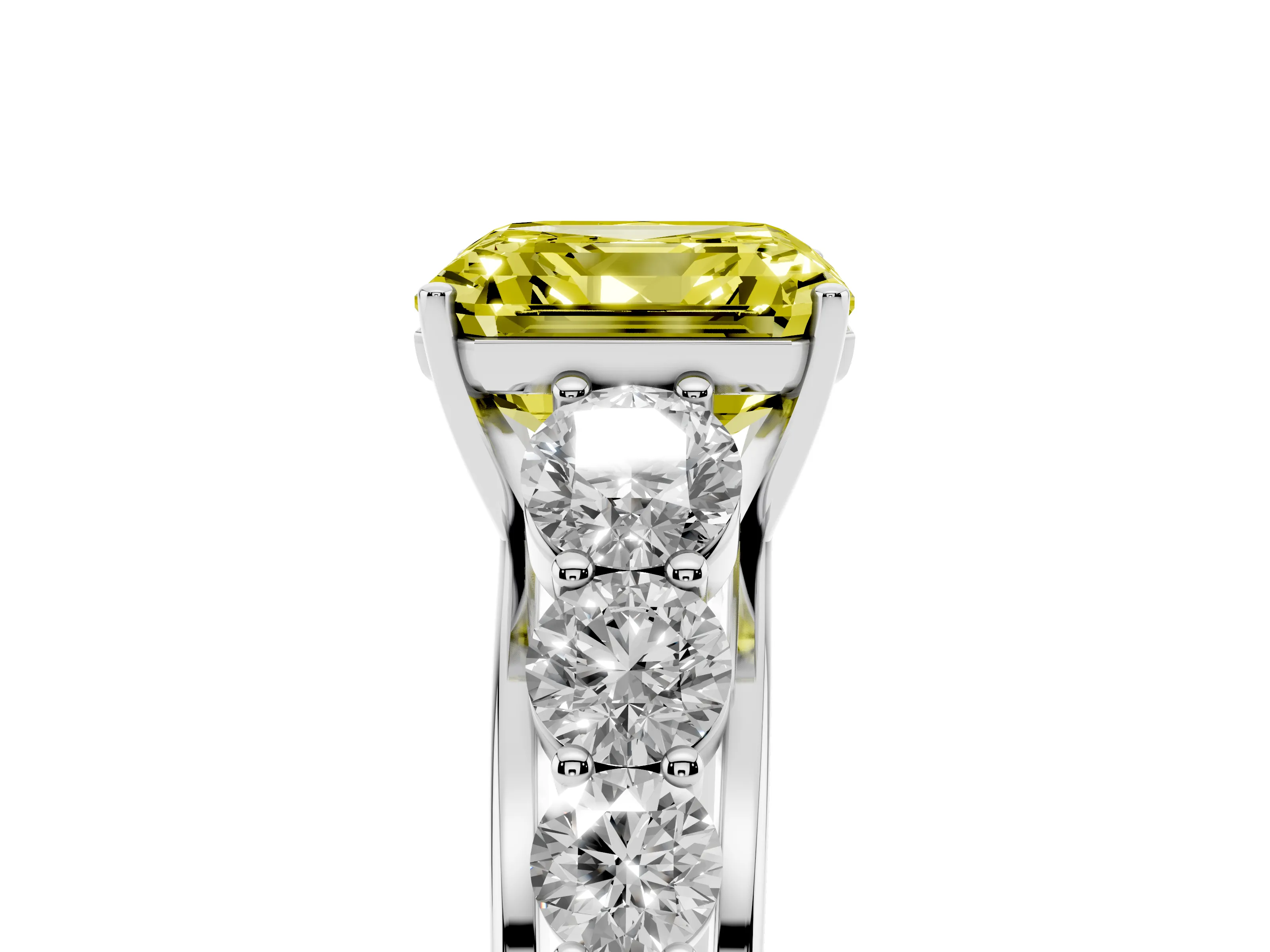 Fancy Yellow Asscher Cut Diamond Solitaire Ring Set in Platinum with Pavé-Set Band and Prong Setting