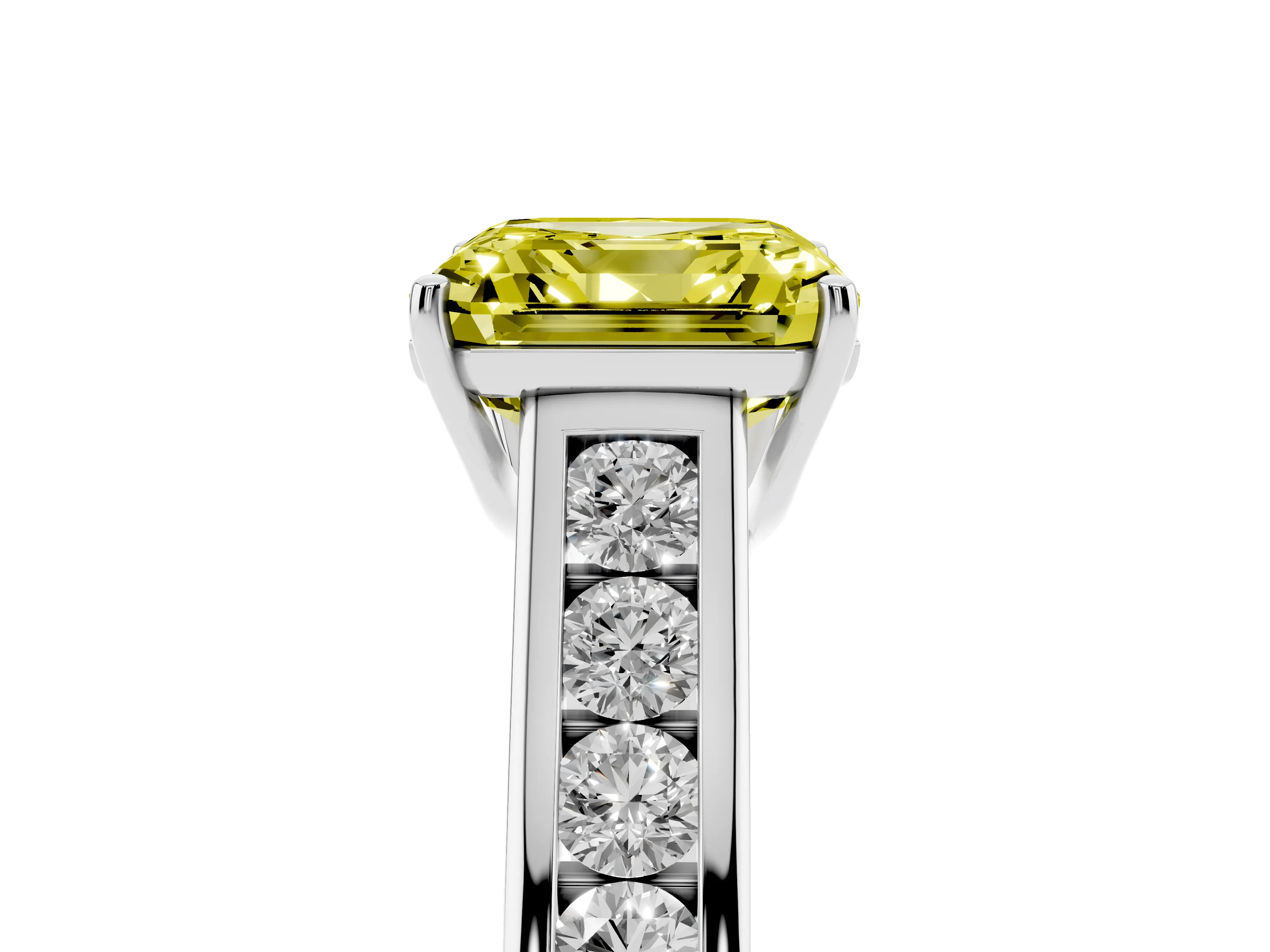 Fancy Yellow Asscher Cut Diamond Brilliant Channel-Set Solitaire Ring Set in White gold with Prong Setting