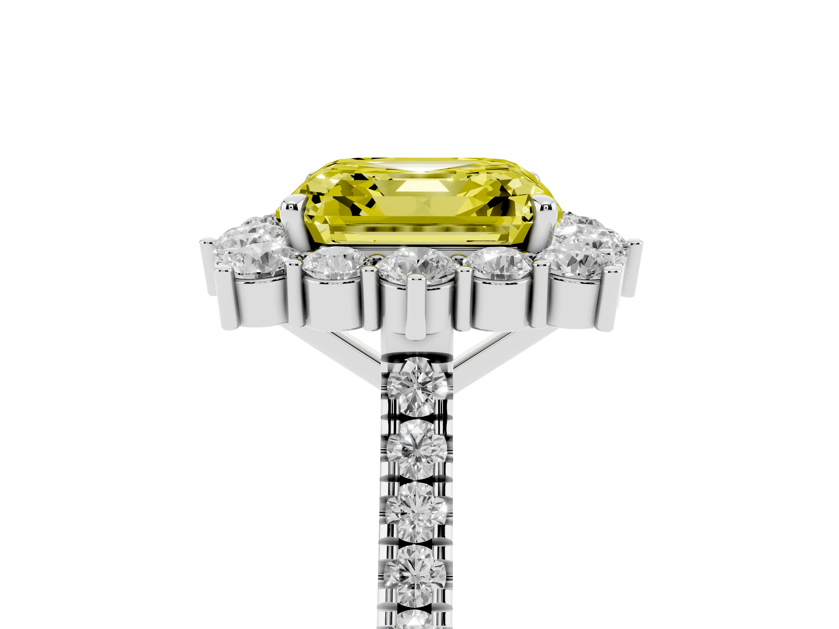 Fancy Yellow Asscher Cut Diamond Halo Ring Set in Platinum with Pavé Band and Prong Setting