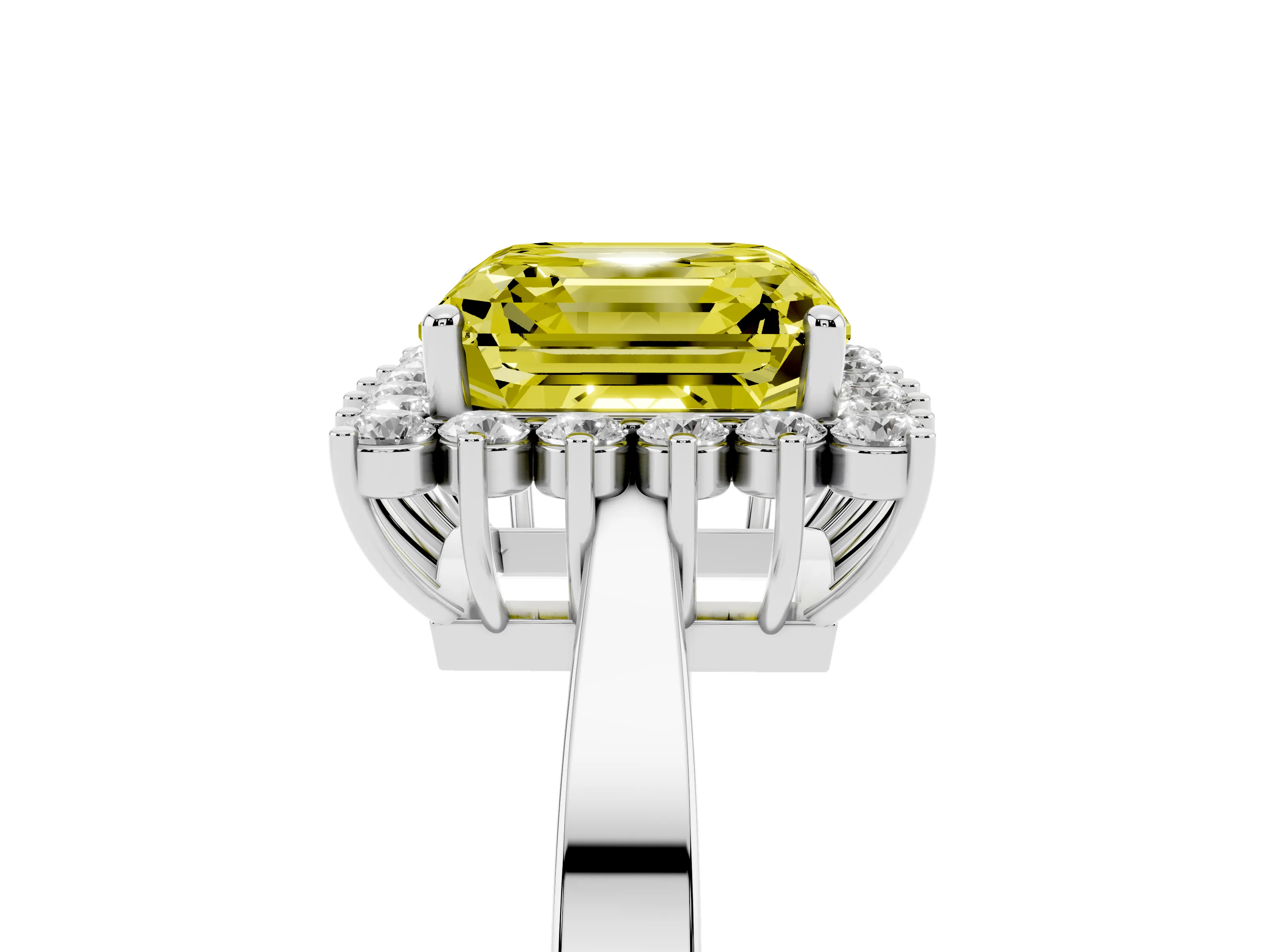 Fancy Yellow Asscher Cut Diamond Halo Ring Set in White gold with Round Halo and Smooth Solitaire Band