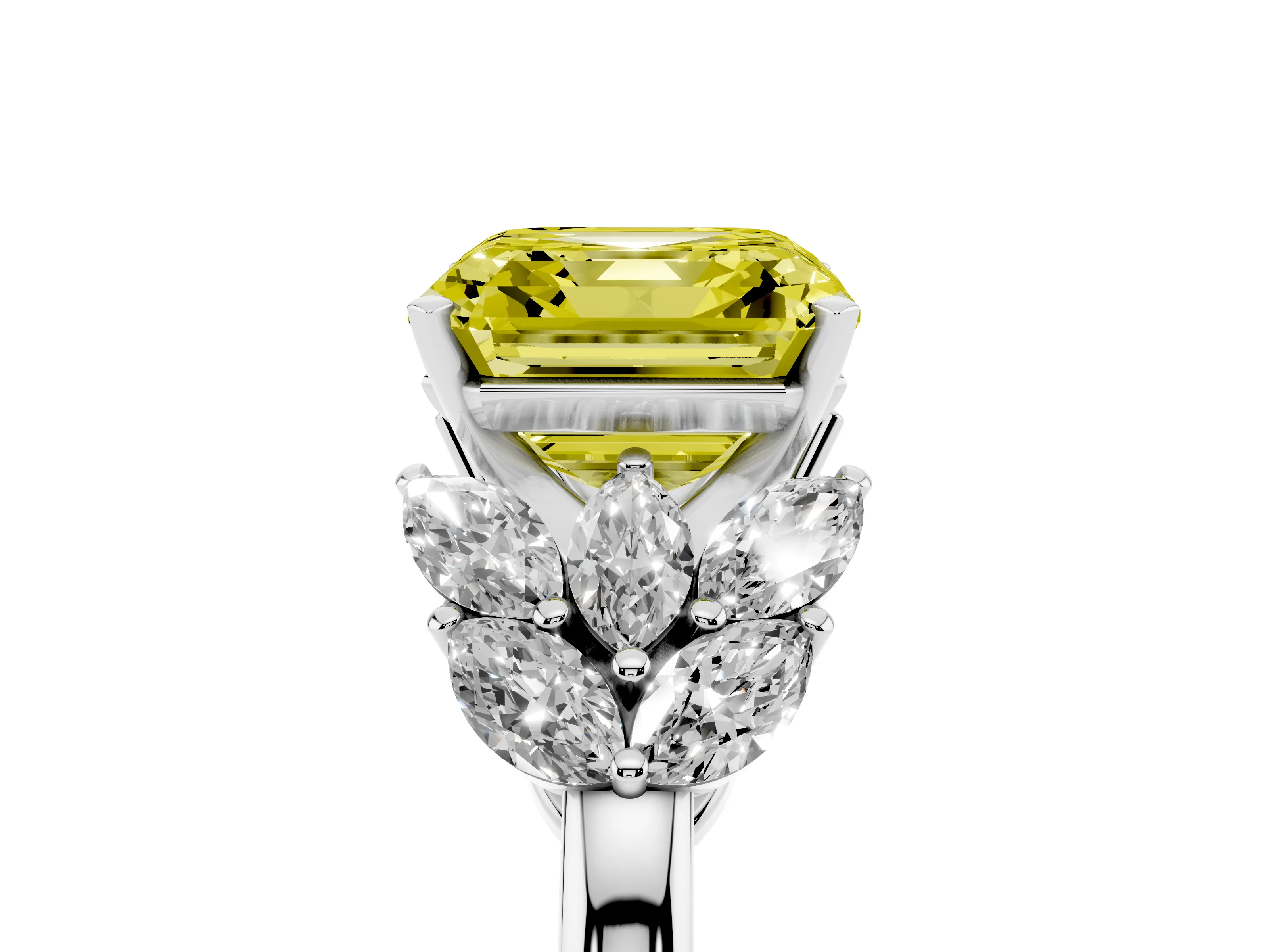 Fancy Yellow Asscher Cut Diamond Cluster Leaf Design Ring Set in White gold with Prong Setting