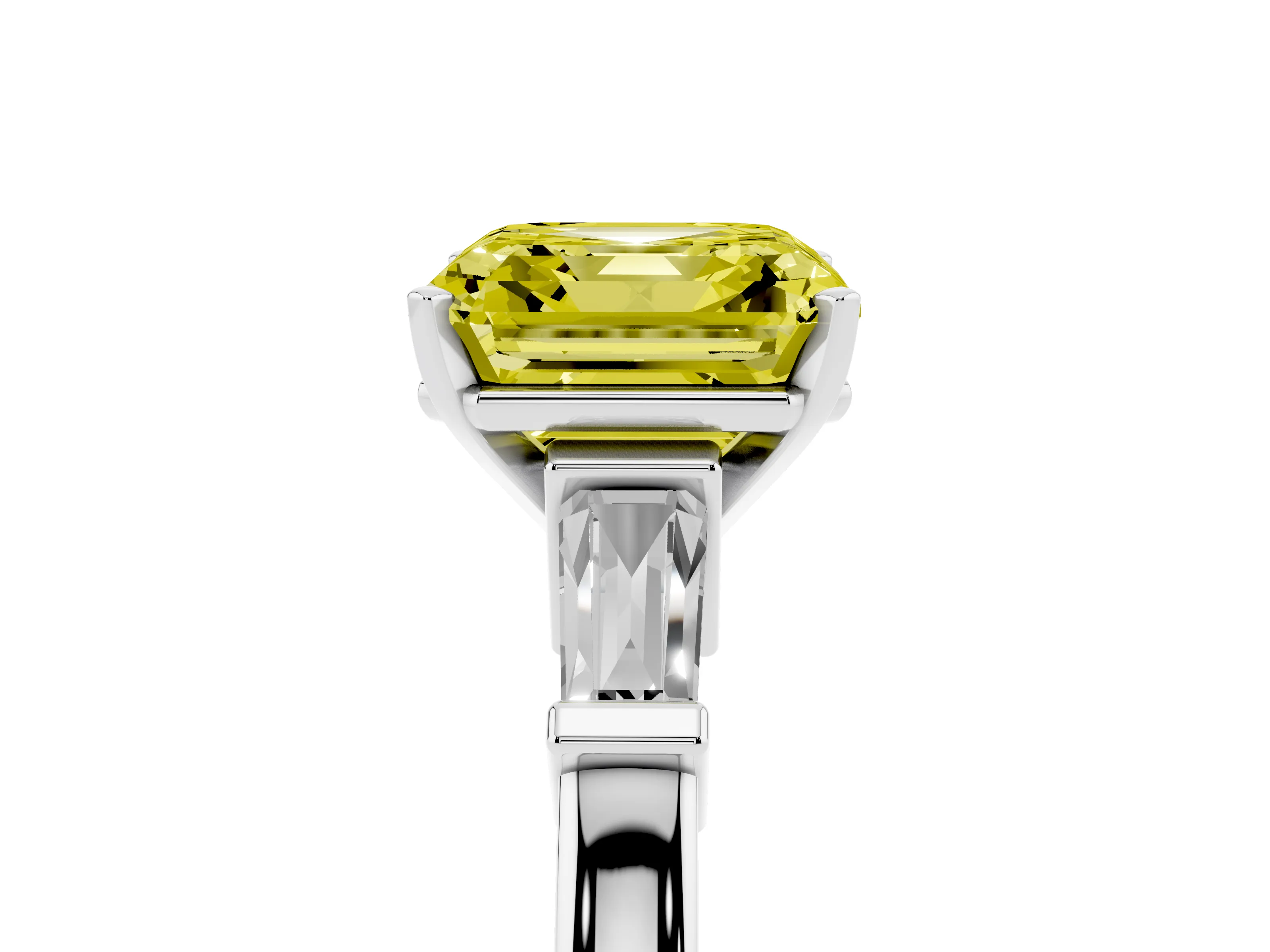 Fancy Yellow Asscher Cut Diamond Solitaire Ring Set in White gold with Tapered Baguette Accents and Prong Setting